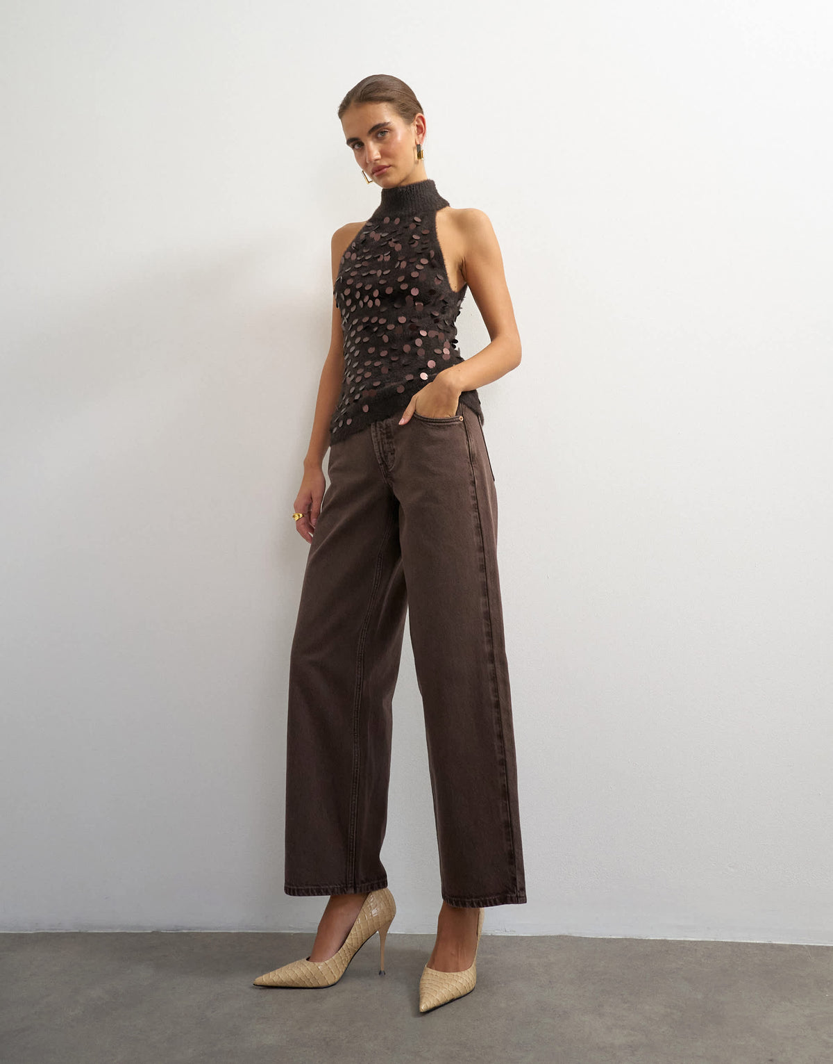Topshop knitted halter neck sequin top in chocolate brown