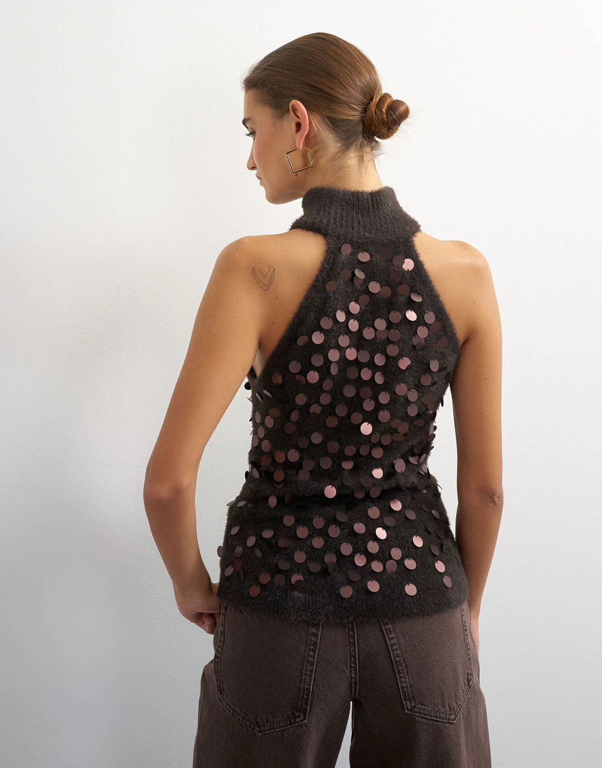 Topshop knitted halter neck sequin top in chocolate brown