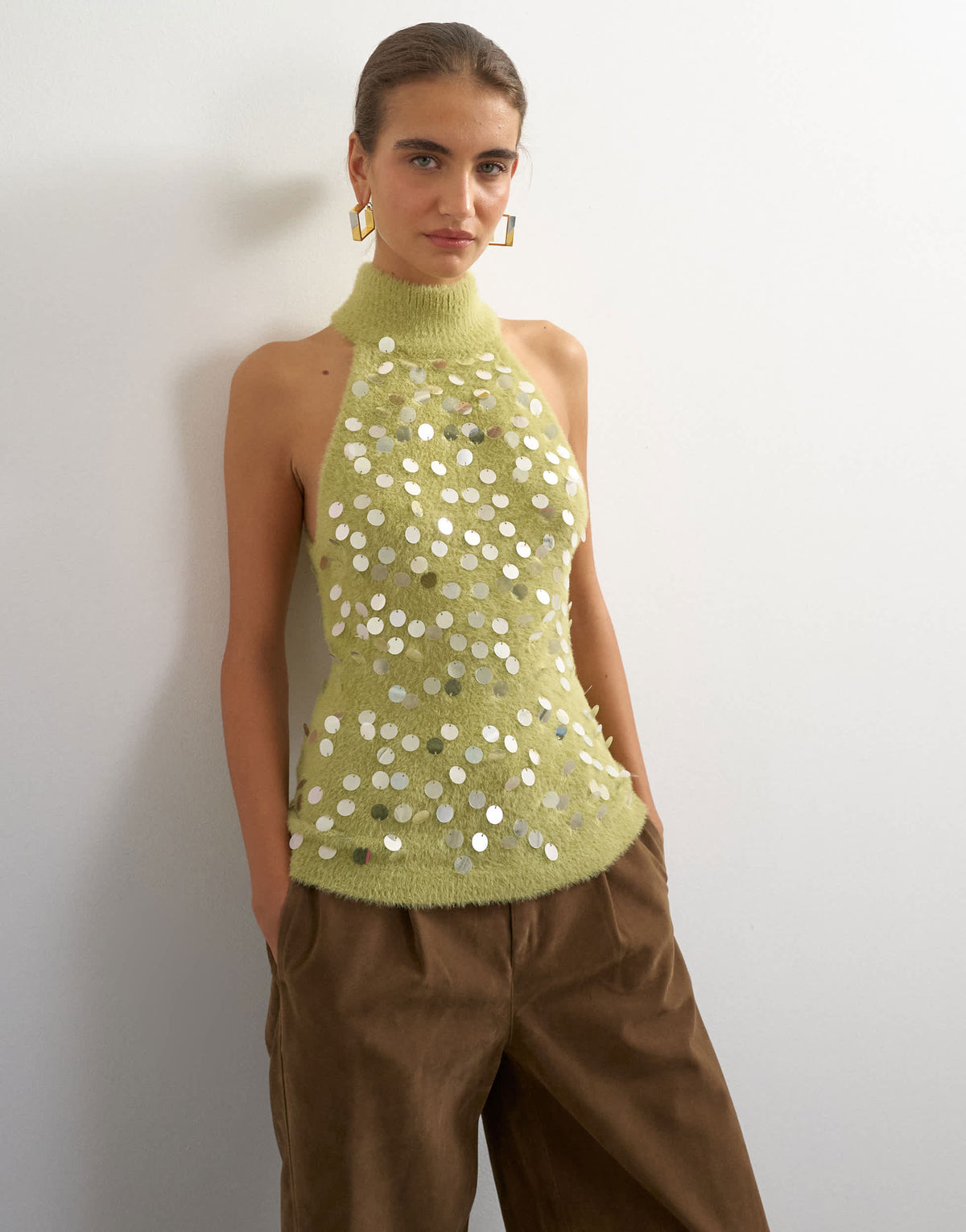 Topshop knitted halter neck sequin top in green