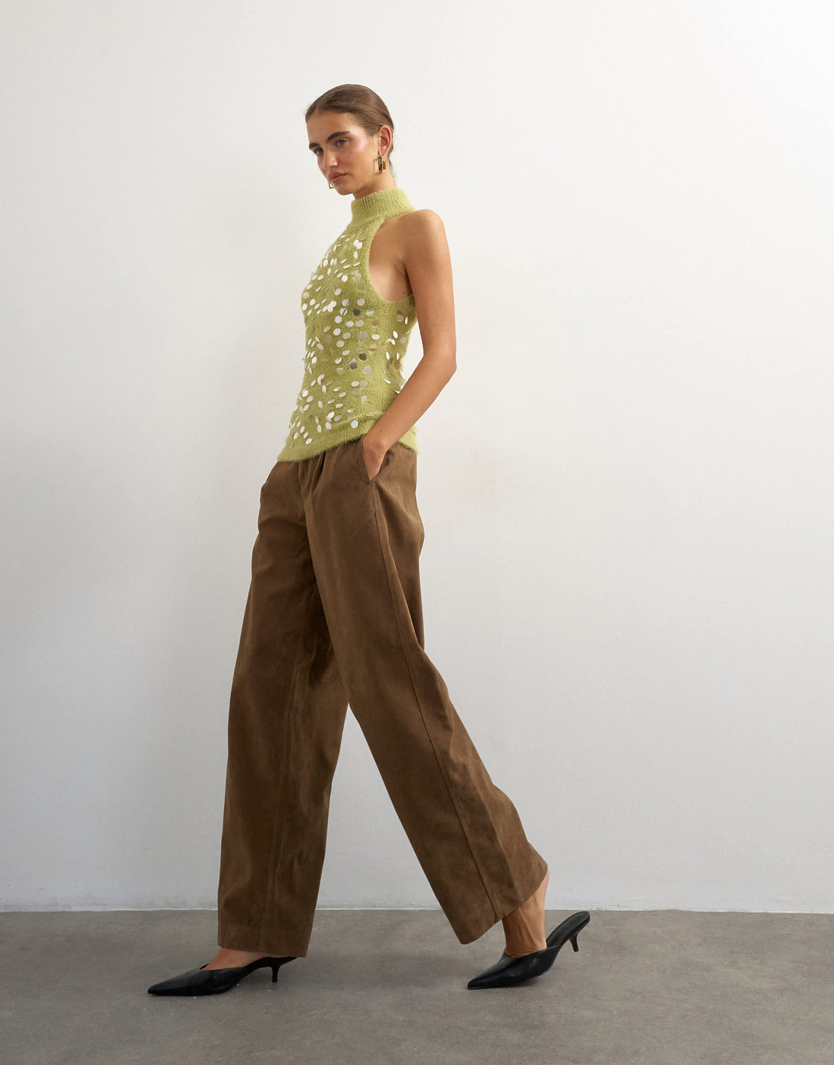 Topshop knitted halter neck sequin top in green