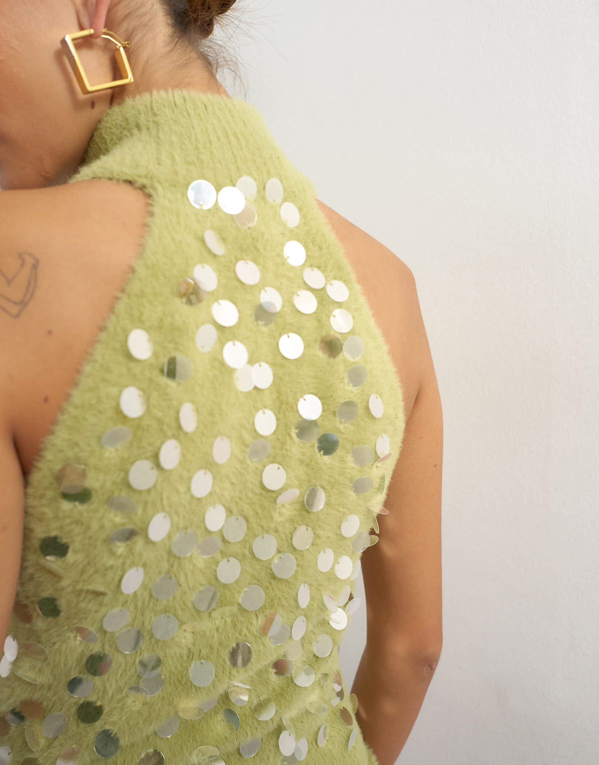 Topshop knitted halter neck sequin top in green