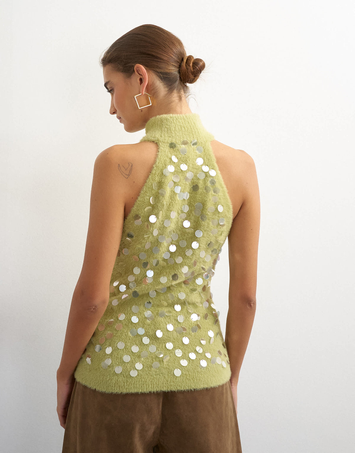 Topshop knitted halter neck sequin top in green