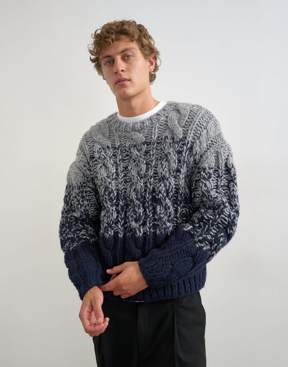 Topman relaxed fit hand knitted cable jumper with ombre twist in navy