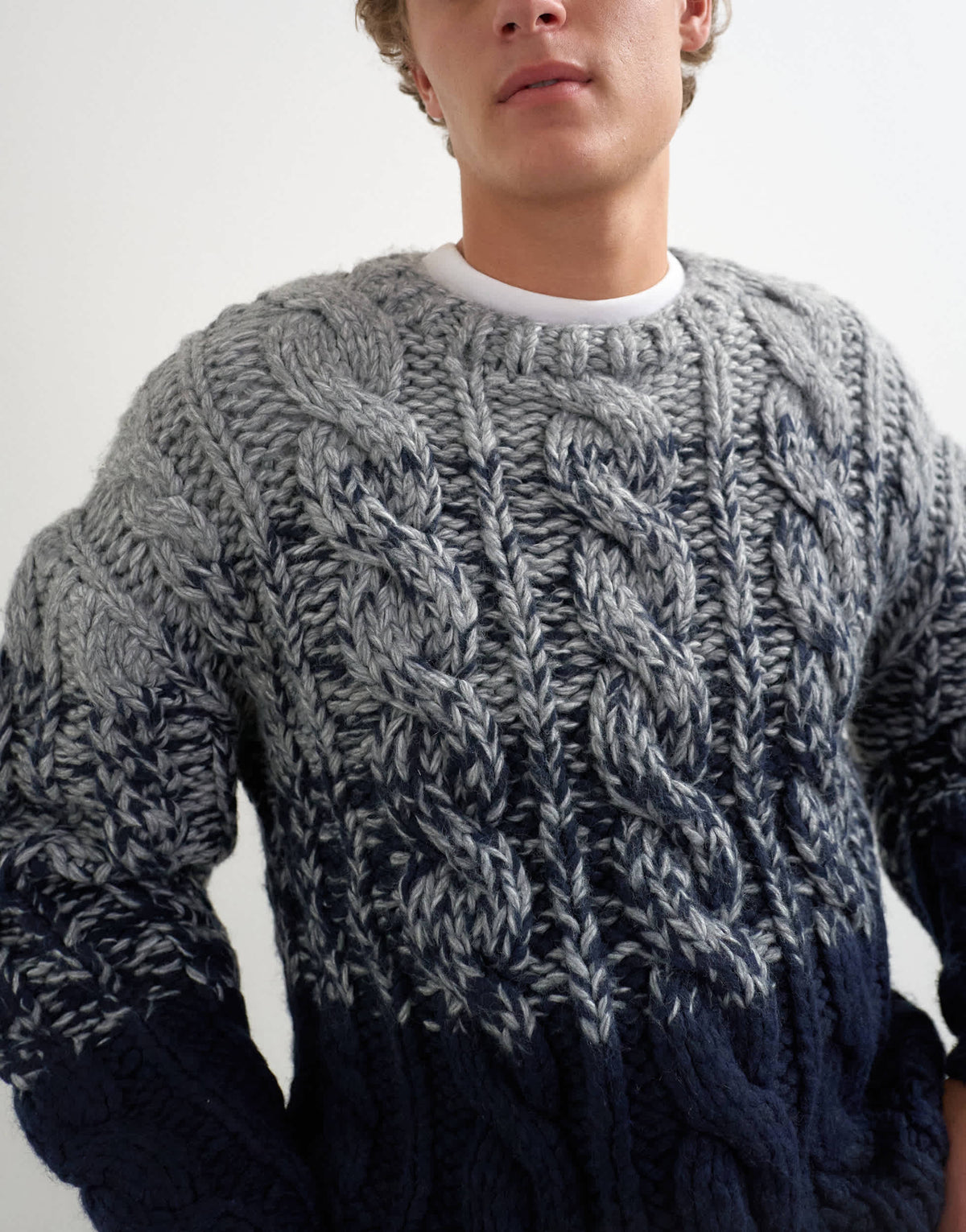 Topman relaxed fit hand knitted cable jumper with ombre twist in navy
