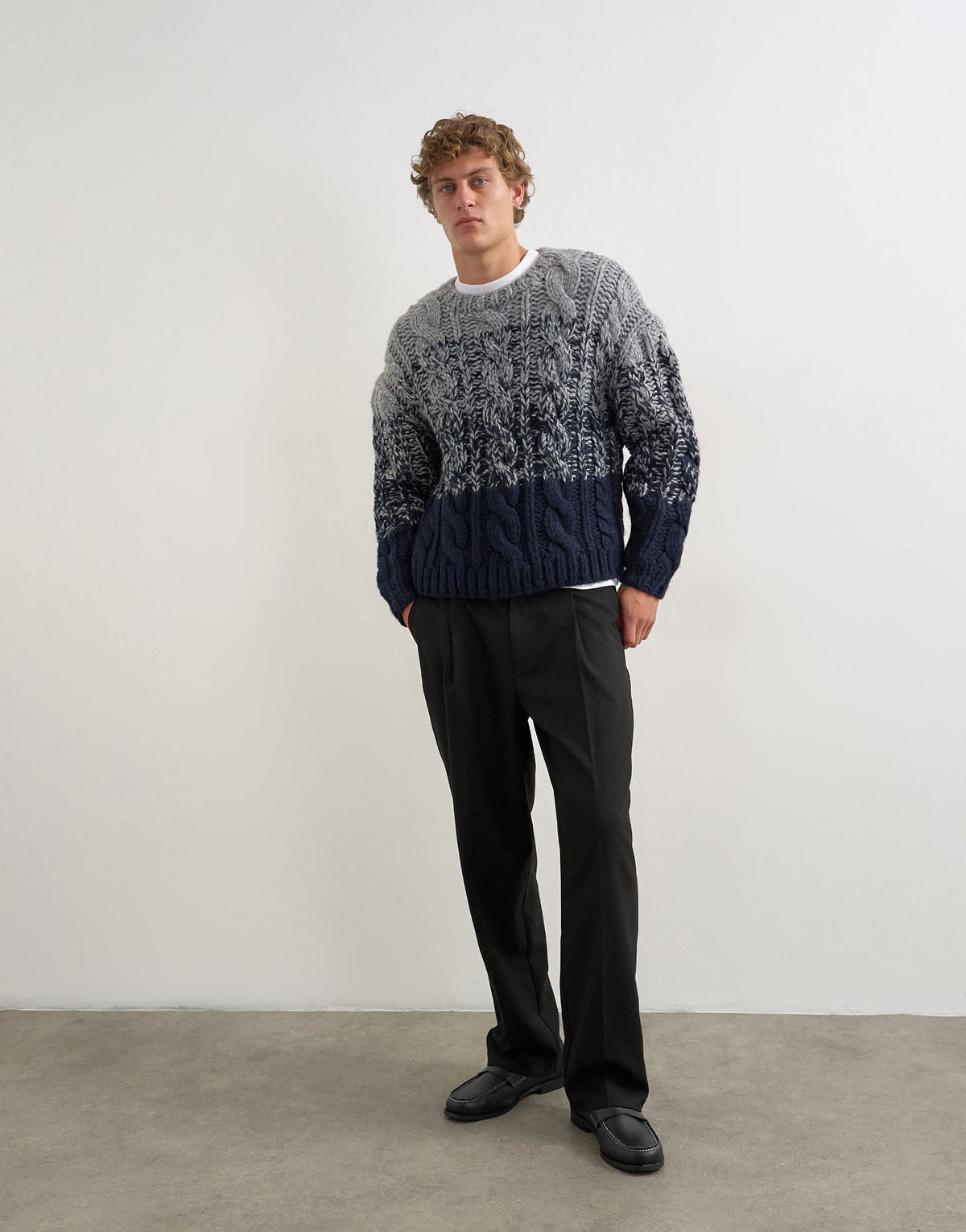 Topman relaxed fit hand knitted cable jumper with ombre twist in navy