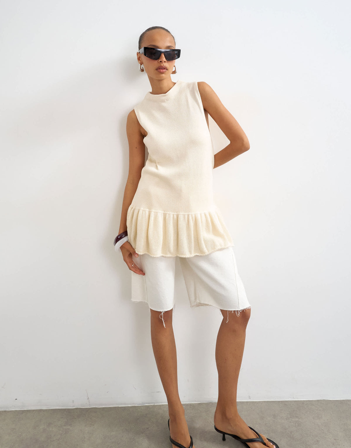 Topshop knitted sleeveless longline top in ecru