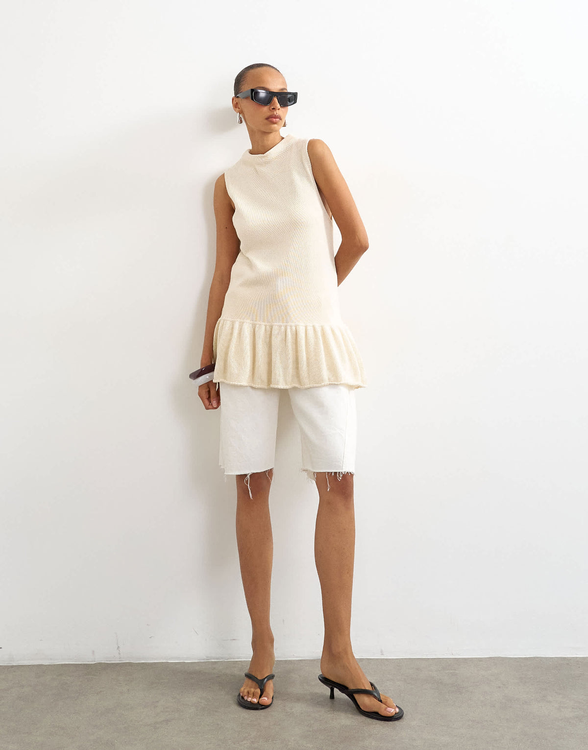 Topshop knitted sleeveless longline top in ecru