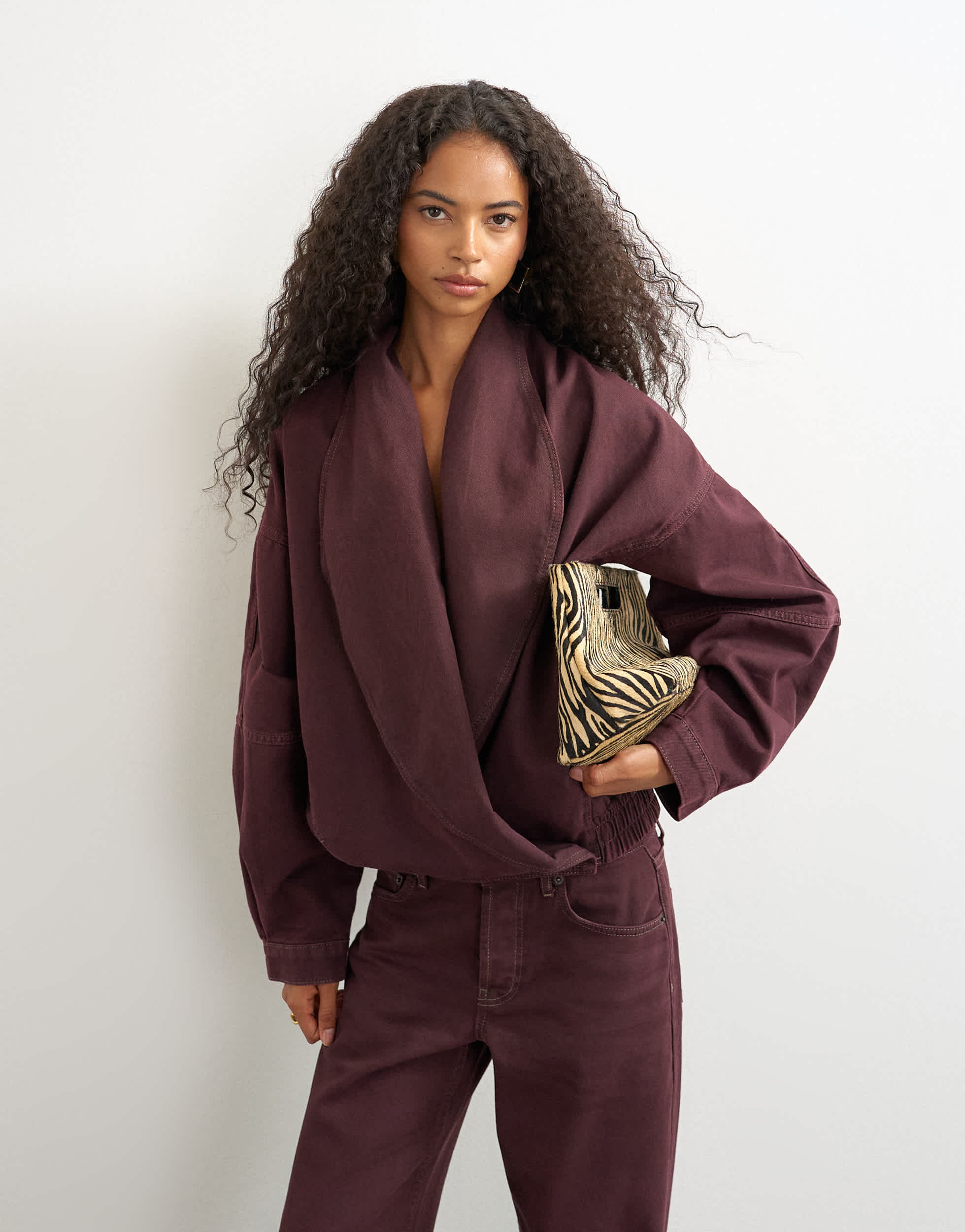 Topshop Wrap drape neckline bomber jacket in aubergine