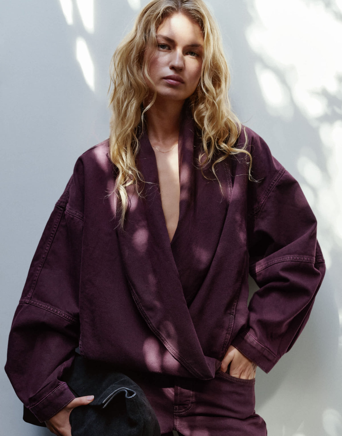 Topshop Wrap drape neckline bomber jacket in aubergine
