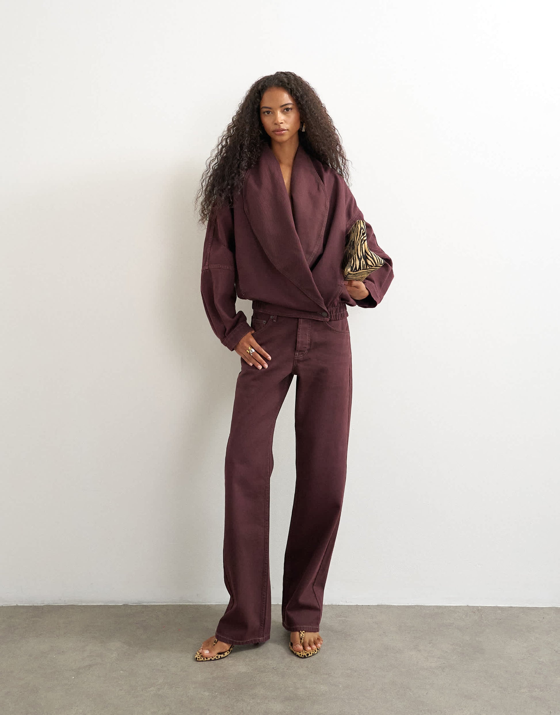 Topshop Wrap drape neckline bomber jacket in aubergine