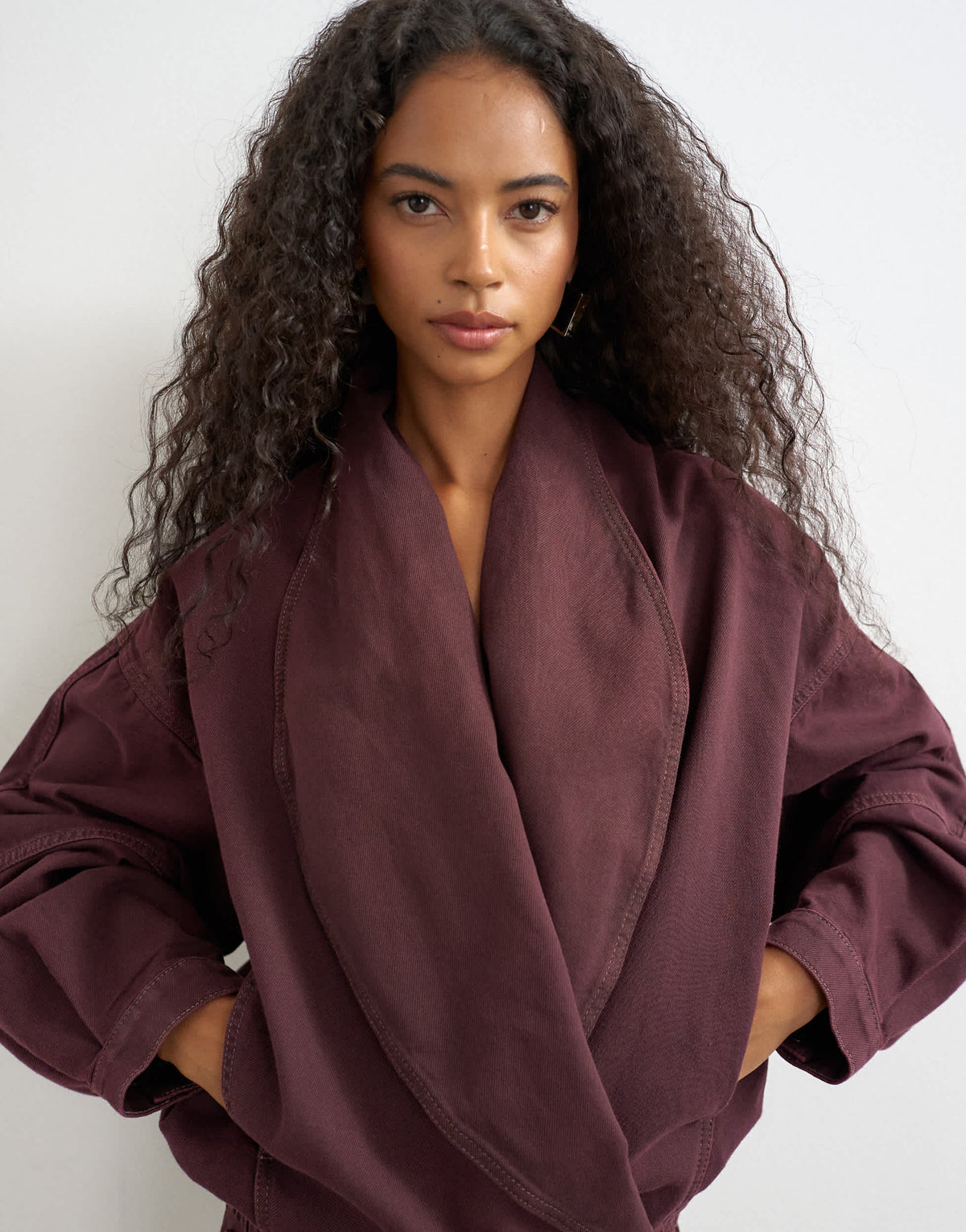 Topshop Wrap drape neckline bomber jacket in aubergine
