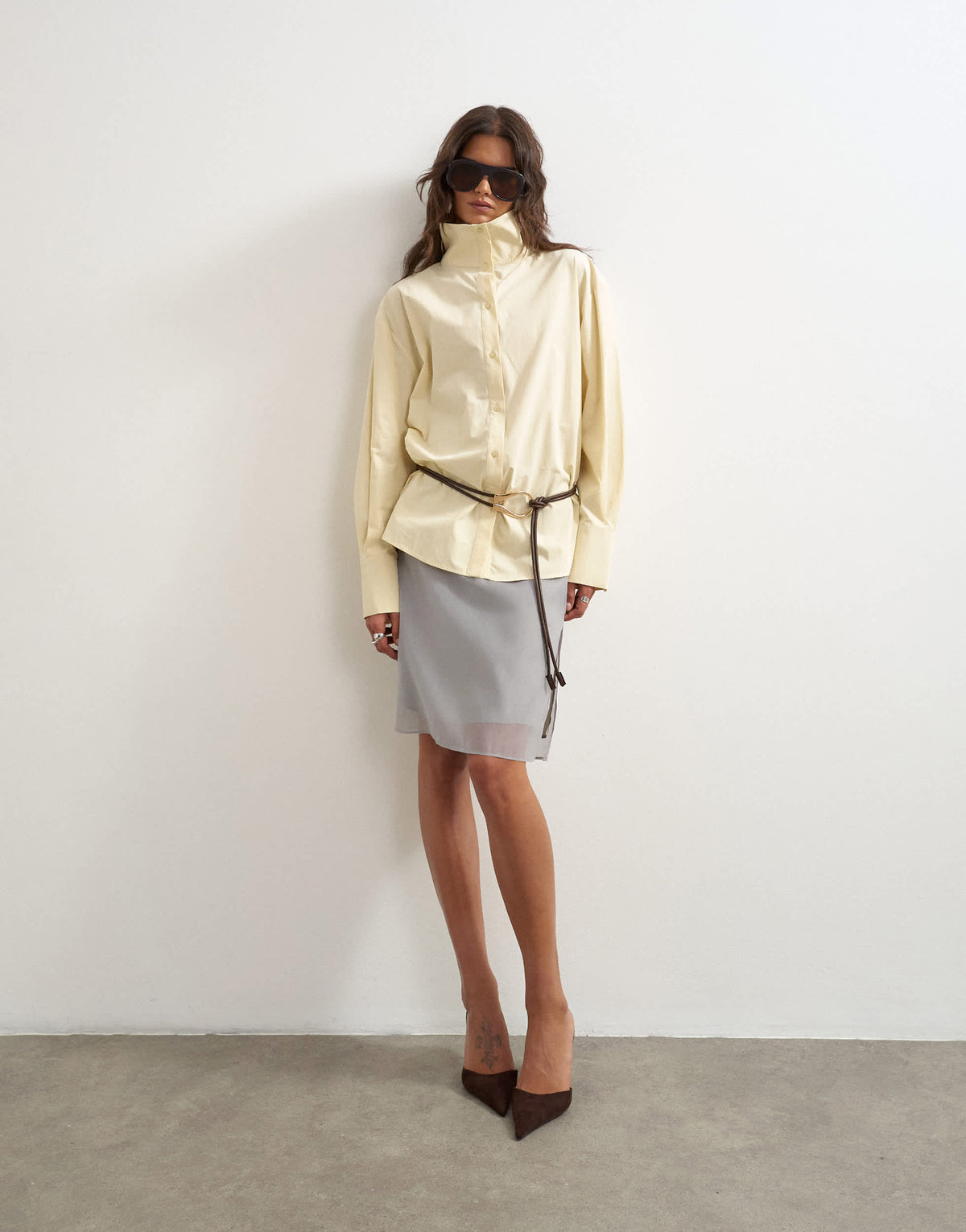 Topshop funnel neck shirt in buttermilk
