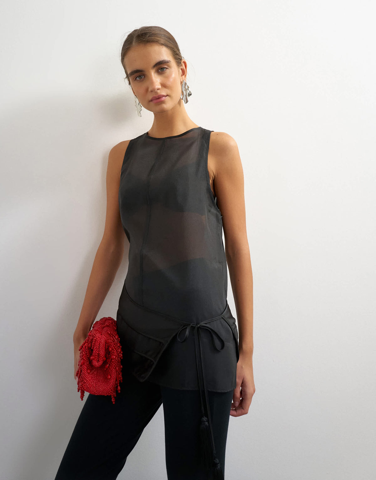 Topshop organza satin belted top in black