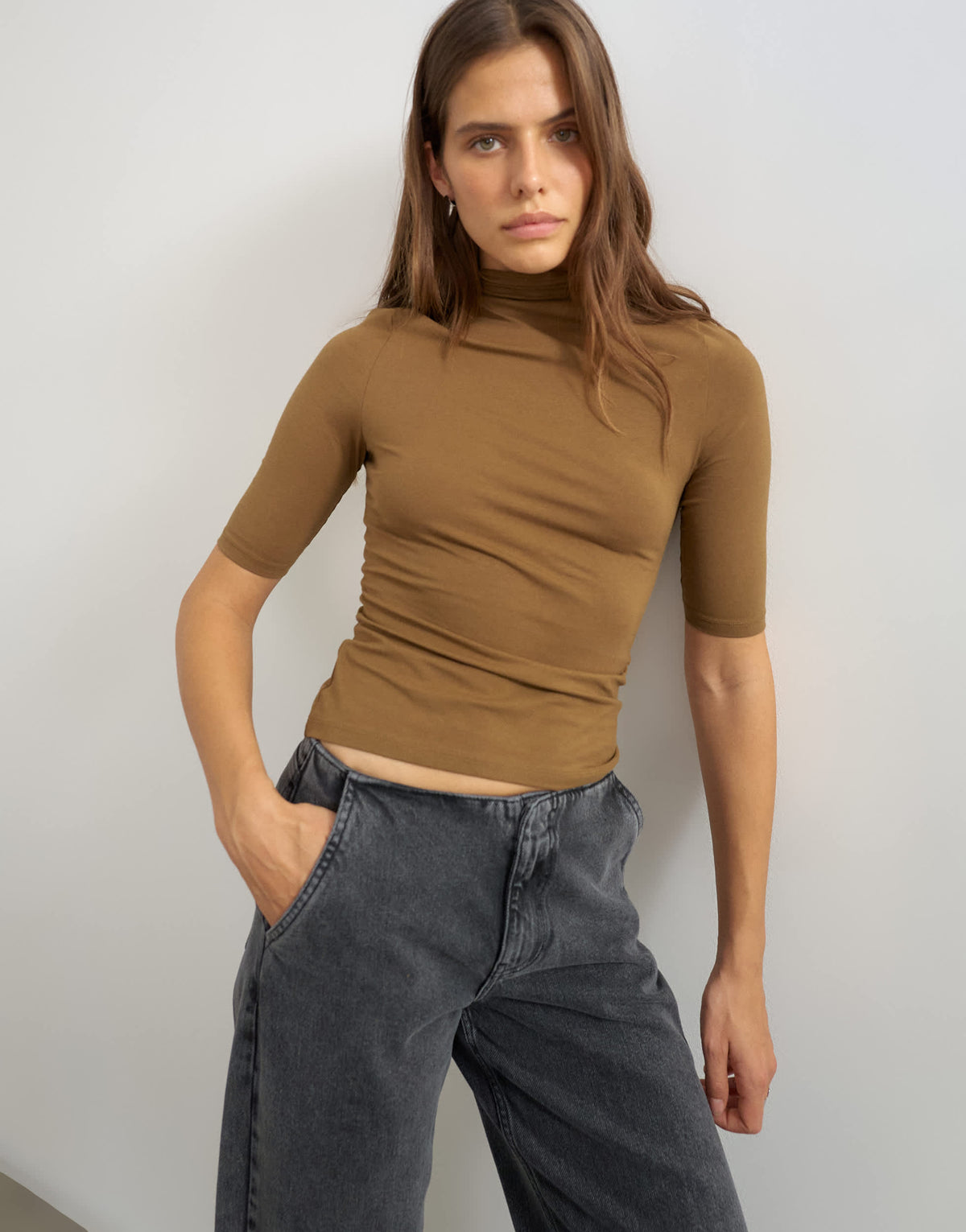 Topshop high neck jersey half sleeve t-shirt in green