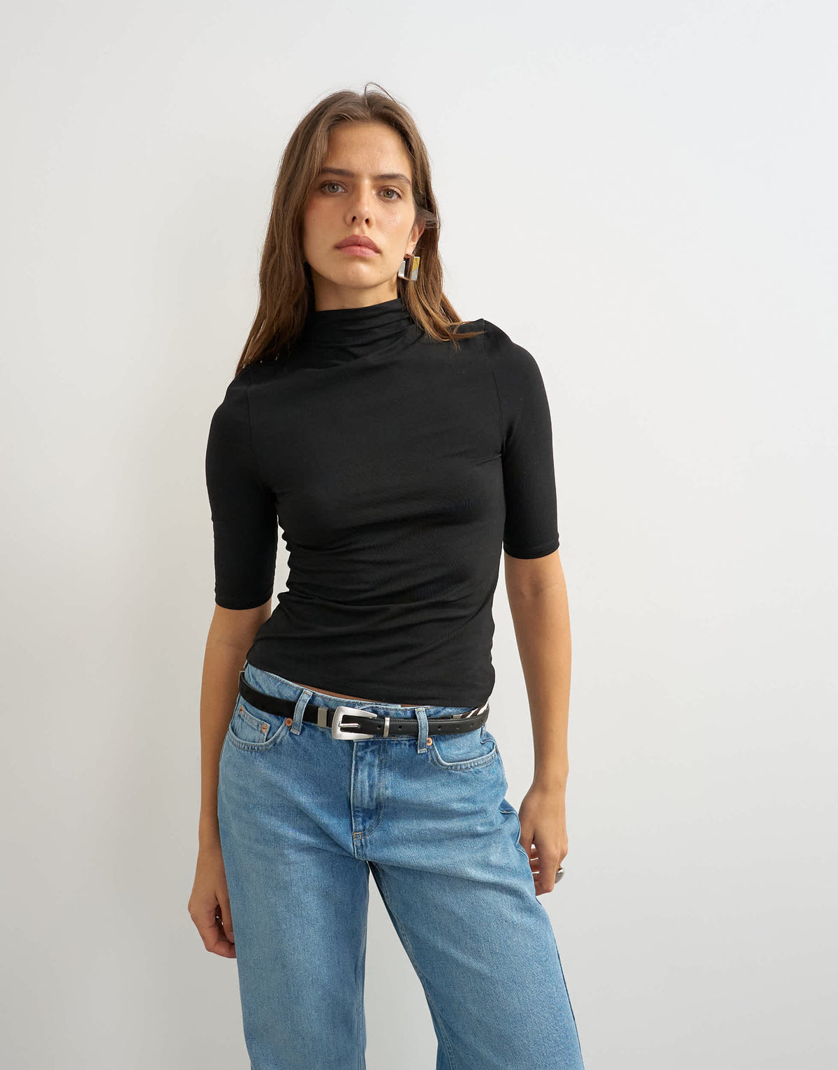 Topshop high neck jersey half sleeve top in black
