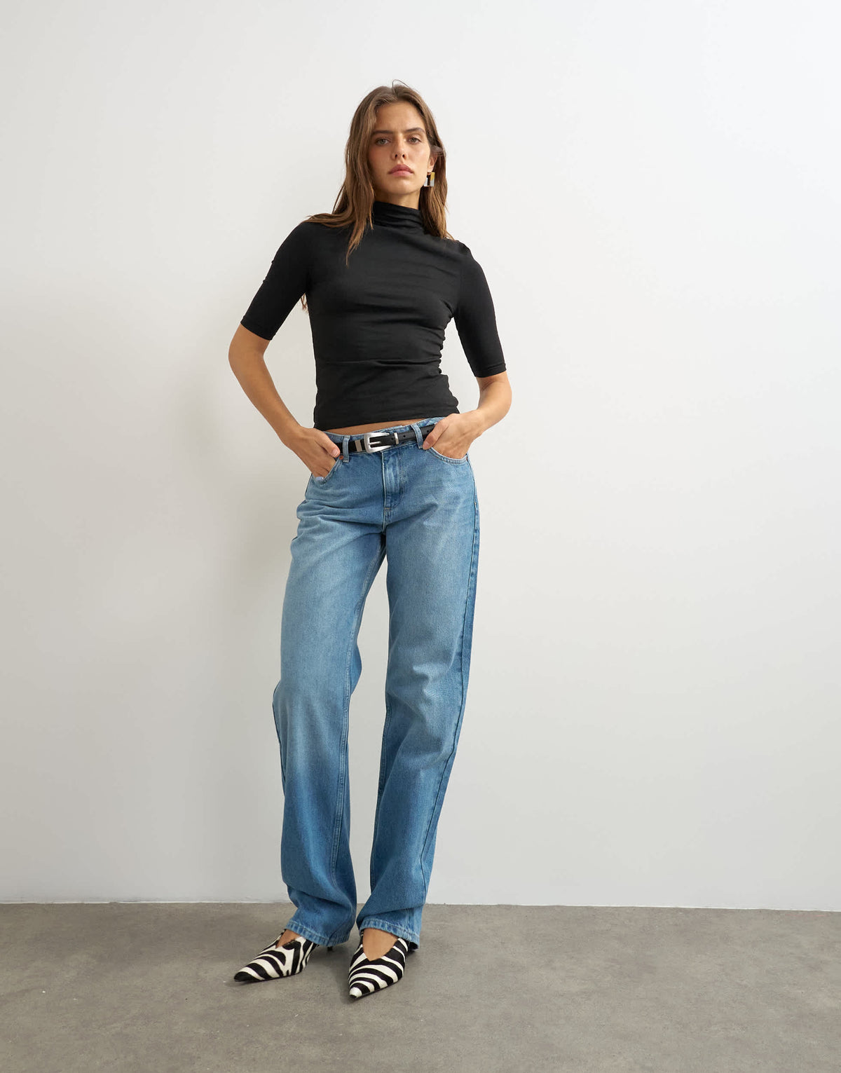Topshop high neck jersey half sleeve t-shirt in black