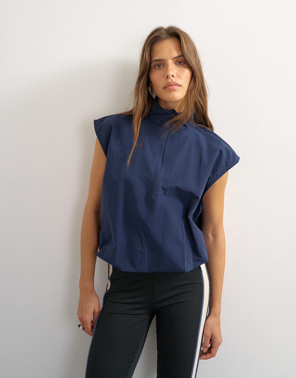 Topshop funnel neck grown on sleeve tech top in navy