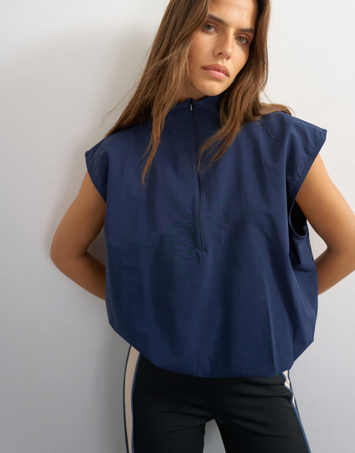 Topshop funnel neck grown on sleeve tech top in navy