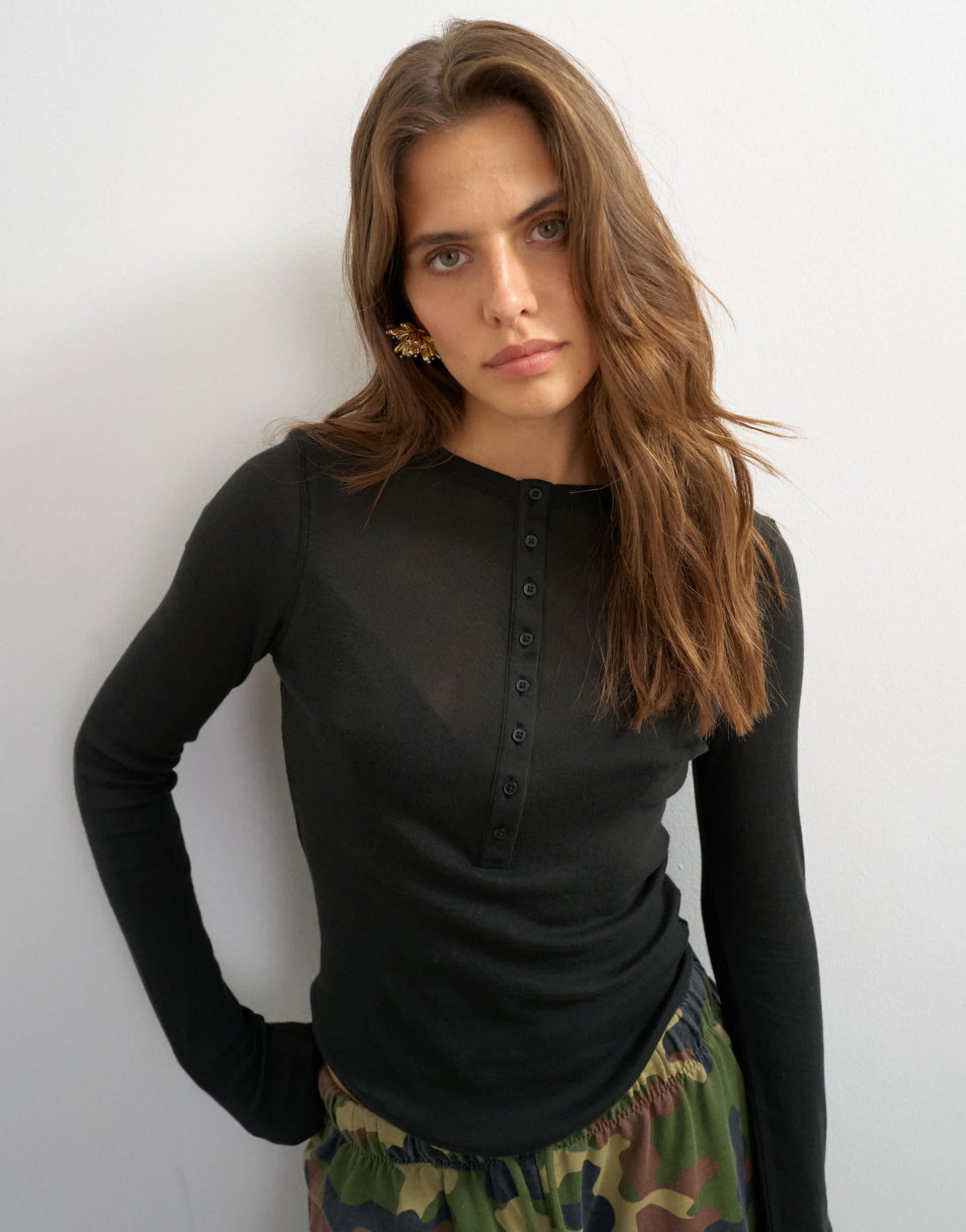Topshop linen blend long sleeve henley in black