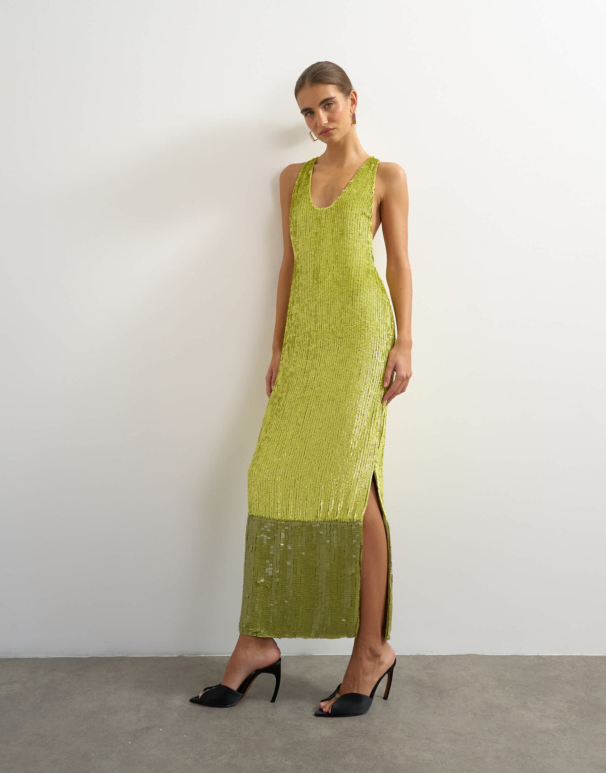 Topshop premium sequin embellished low scoop maxi dress with contrast deep in lime