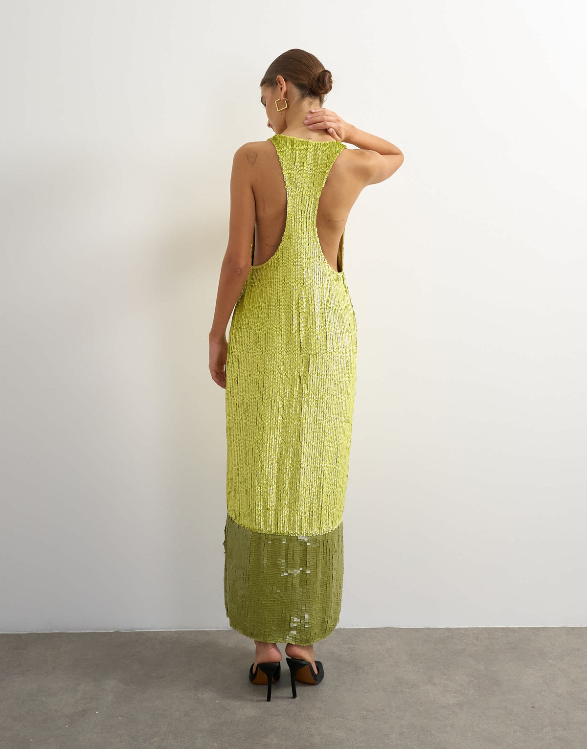 Topshop premium sequin embellished low scoop maxi dress with contrast deep in lime
