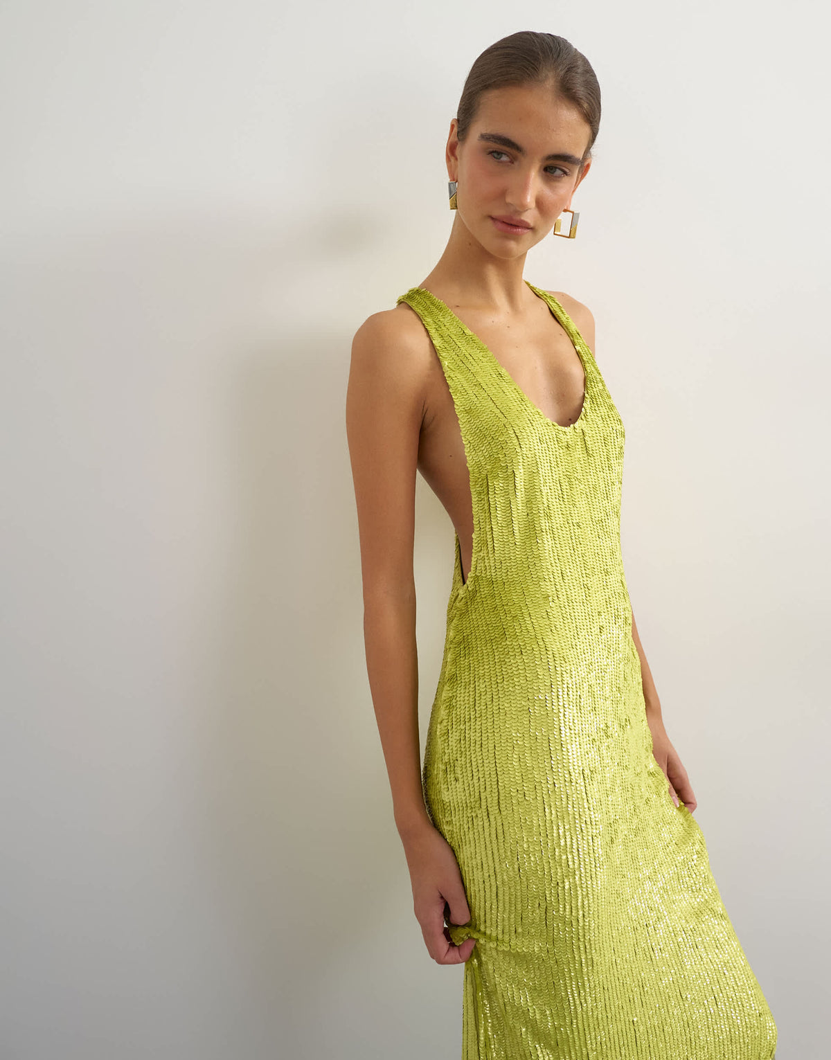 Topshop premium sequin embellished low scoop maxi dress with contrast deep in lime