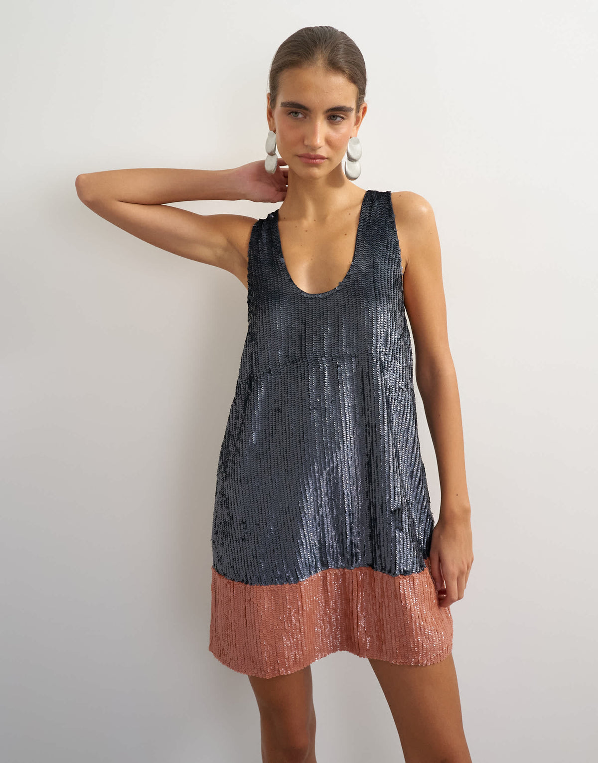 Topshop premium sequin embellished low scoop mini dress with contrast deep in gunmetal and peach