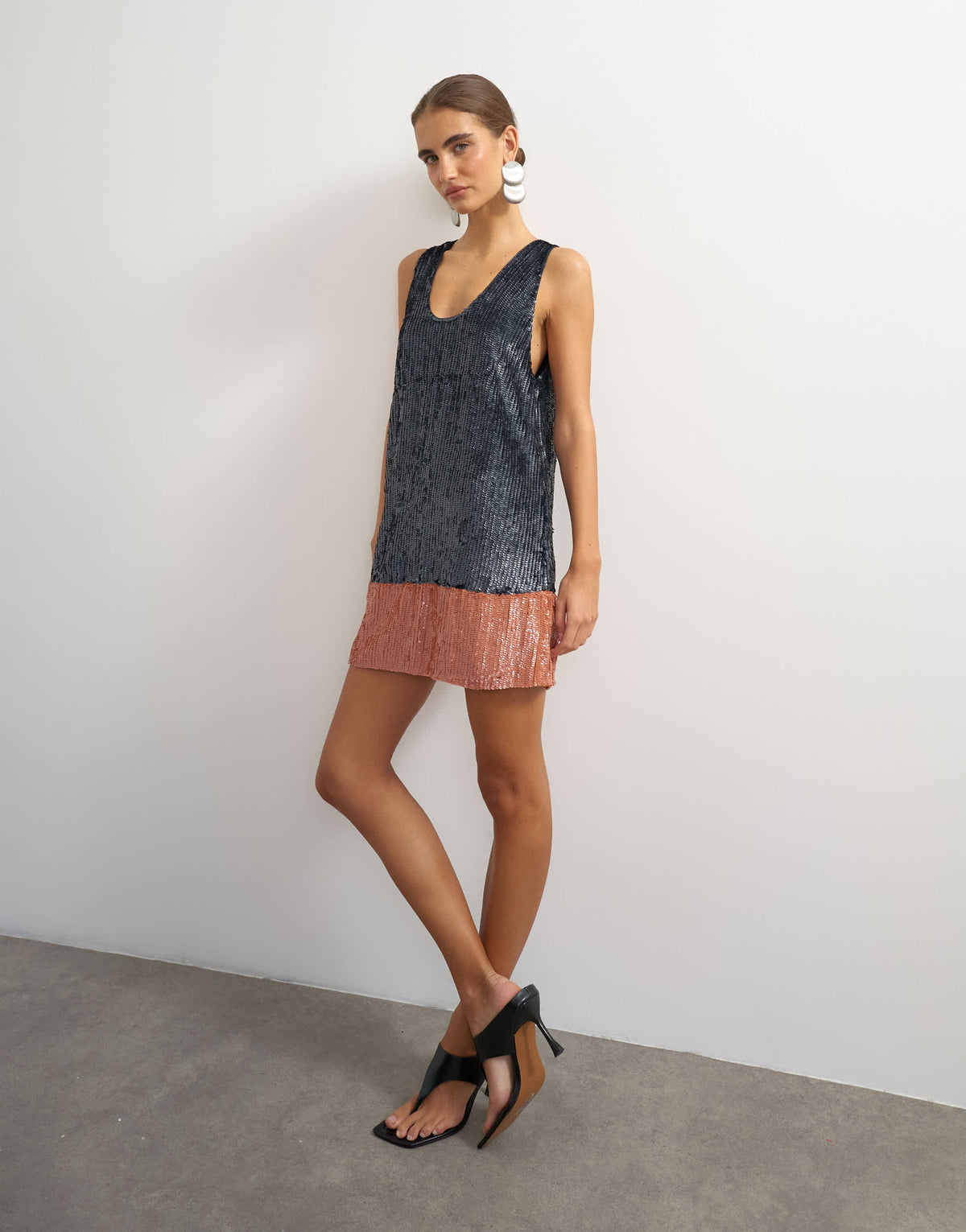 Topshop premium sequin embellished low scoop mini dress with contrast deep in gunmetal and peach