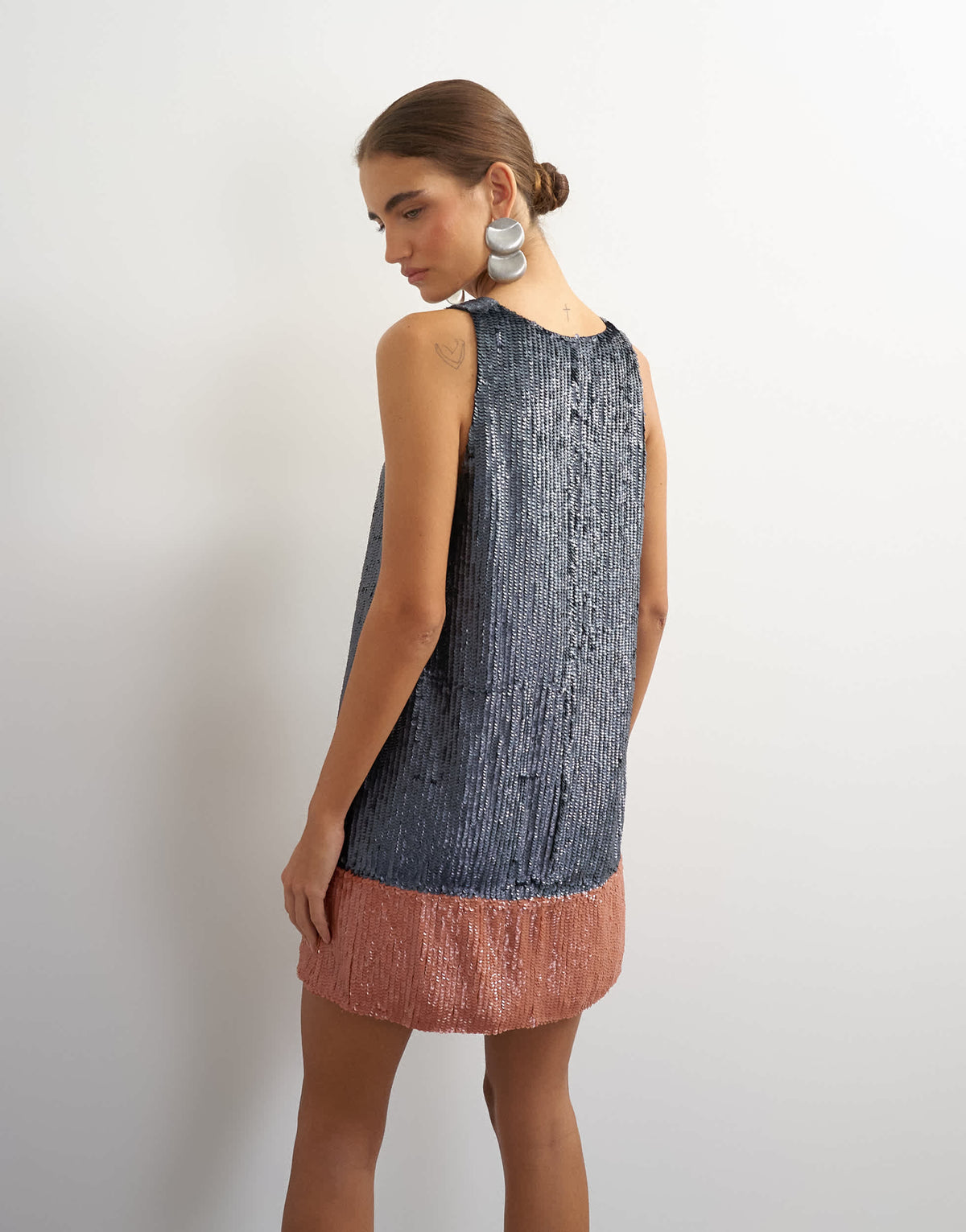 Topshop premium sequin embellished low scoop mini dress with contrast deep in gunmetal and peach