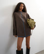 Topshop cotton rich rolled sleeve mini dress with blue contrast topstitching in chocolate