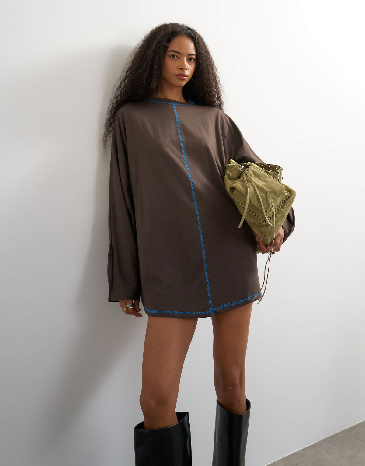 Topshop cotton rich rolled sleeve mini dress with blue contrast topstitching in chocolate