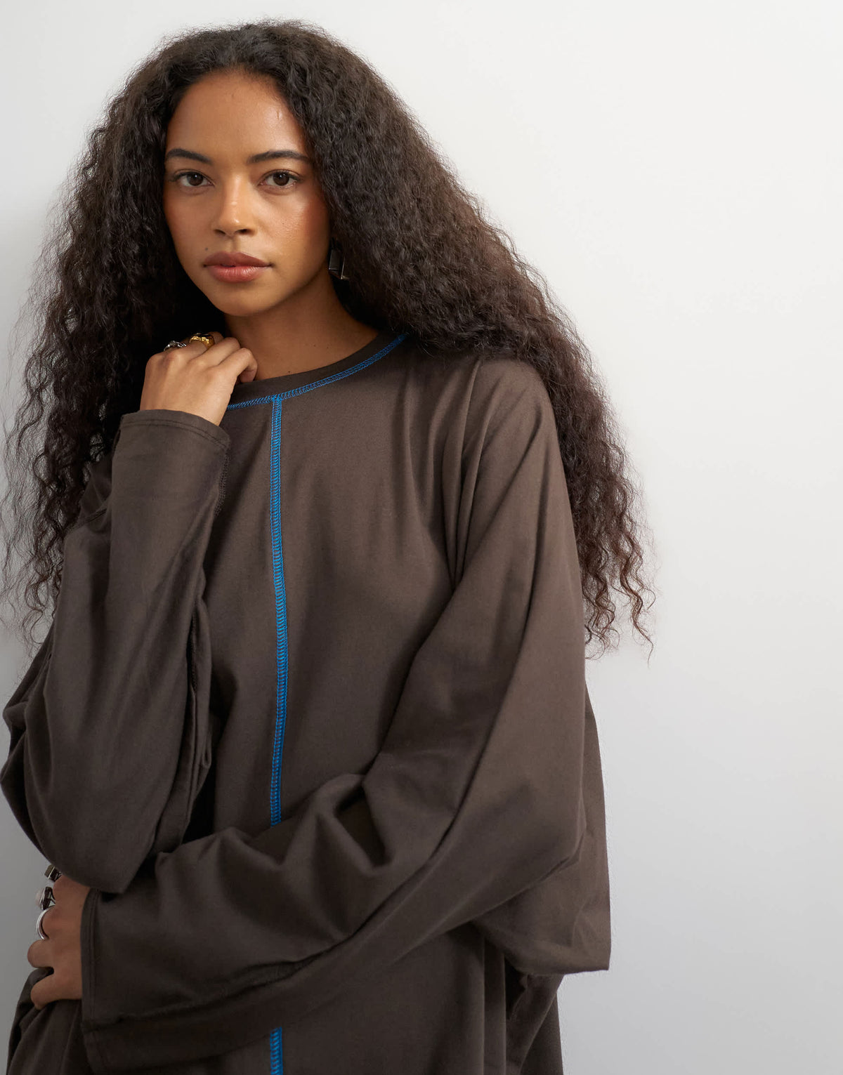 Topshop cotton rich rolled sleeve mini dress with blue contrast topstitching in chocolate