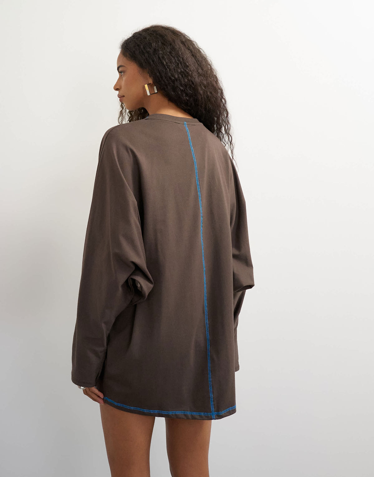 Topshop cotton rich rolled sleeve mini dress with blue contrast topstitching in chocolate