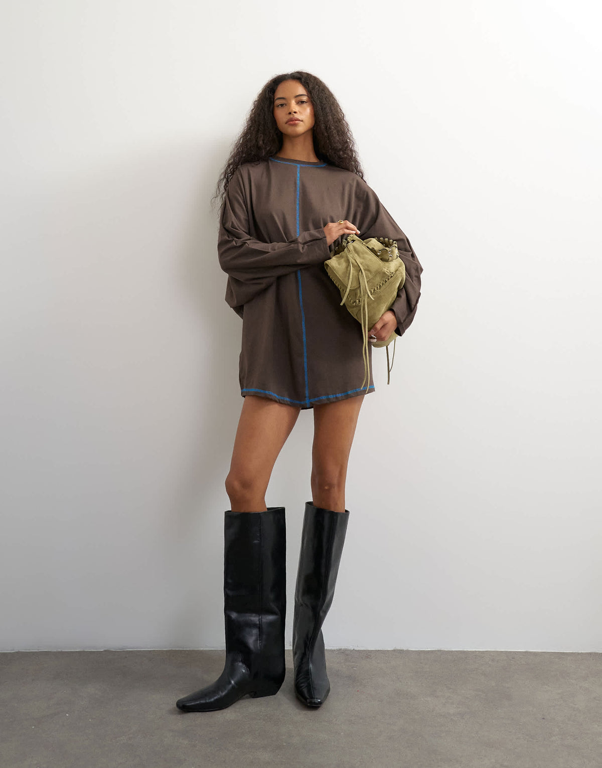 Topshop cotton rich rolled sleeve mini dress with blue contrast topstitching in chocolate
