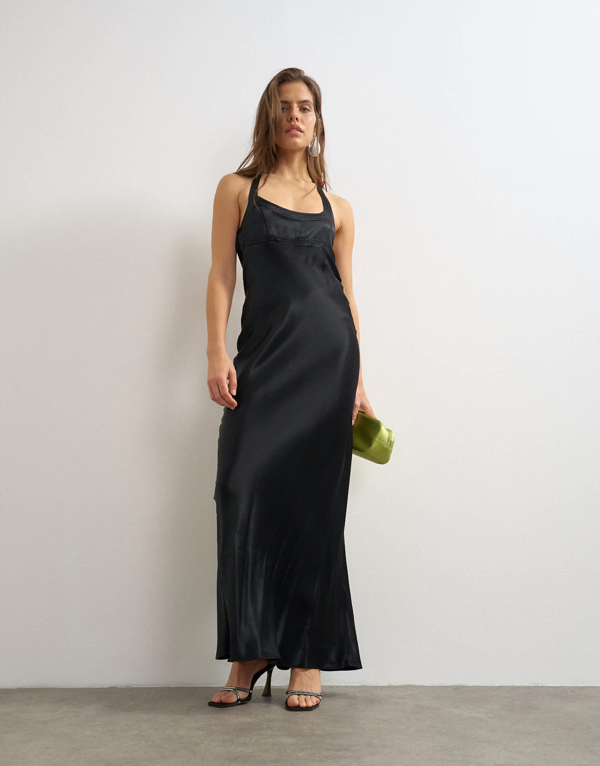 Topshop satin scoop neck maxi dress with stitch detailing in black