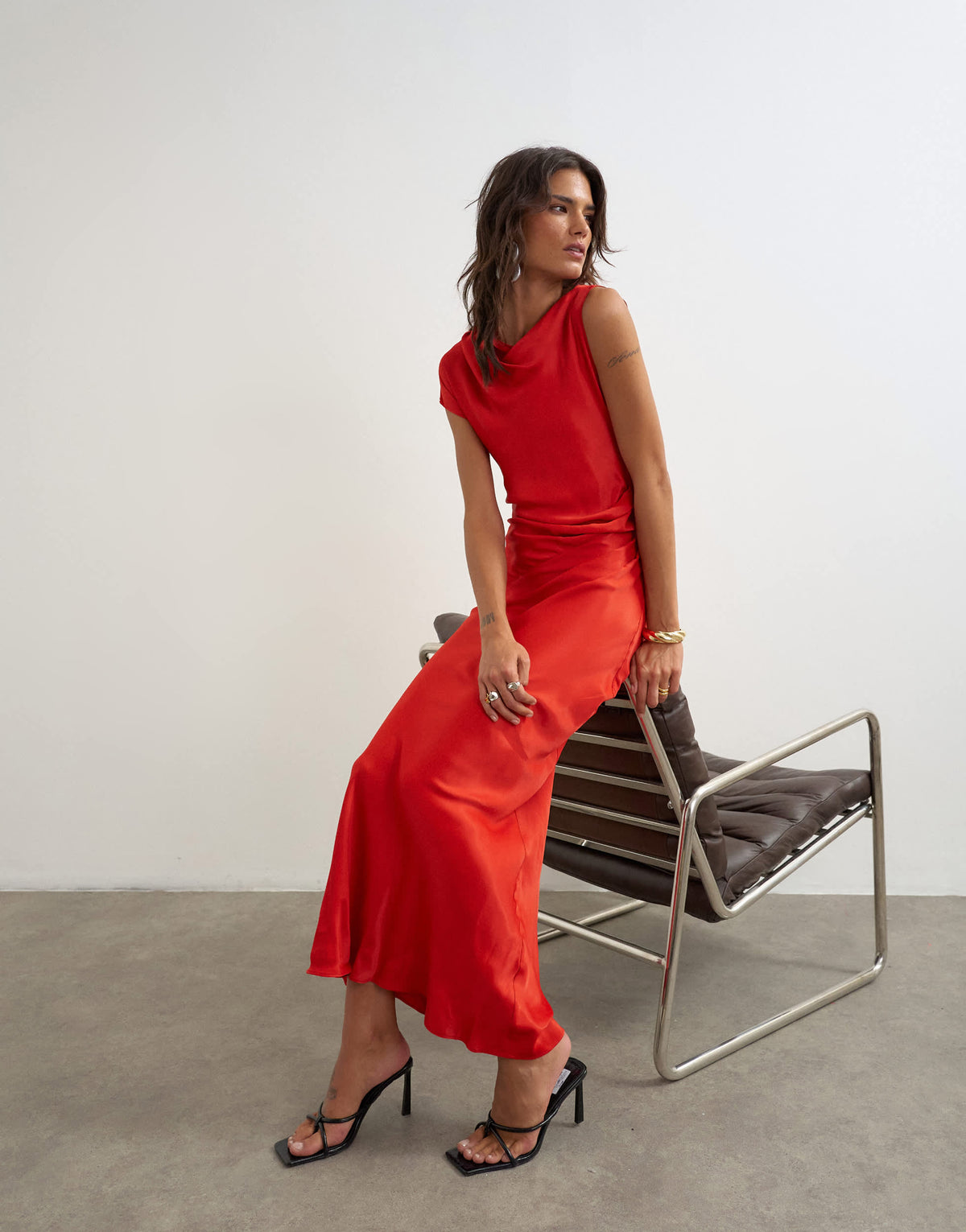 Topshop satin grown on neck tuck side maxi dress with open back in deep red
