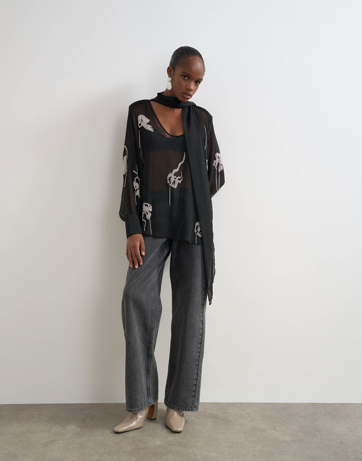 Topshop premium embellished chiffon scarf detail top in black