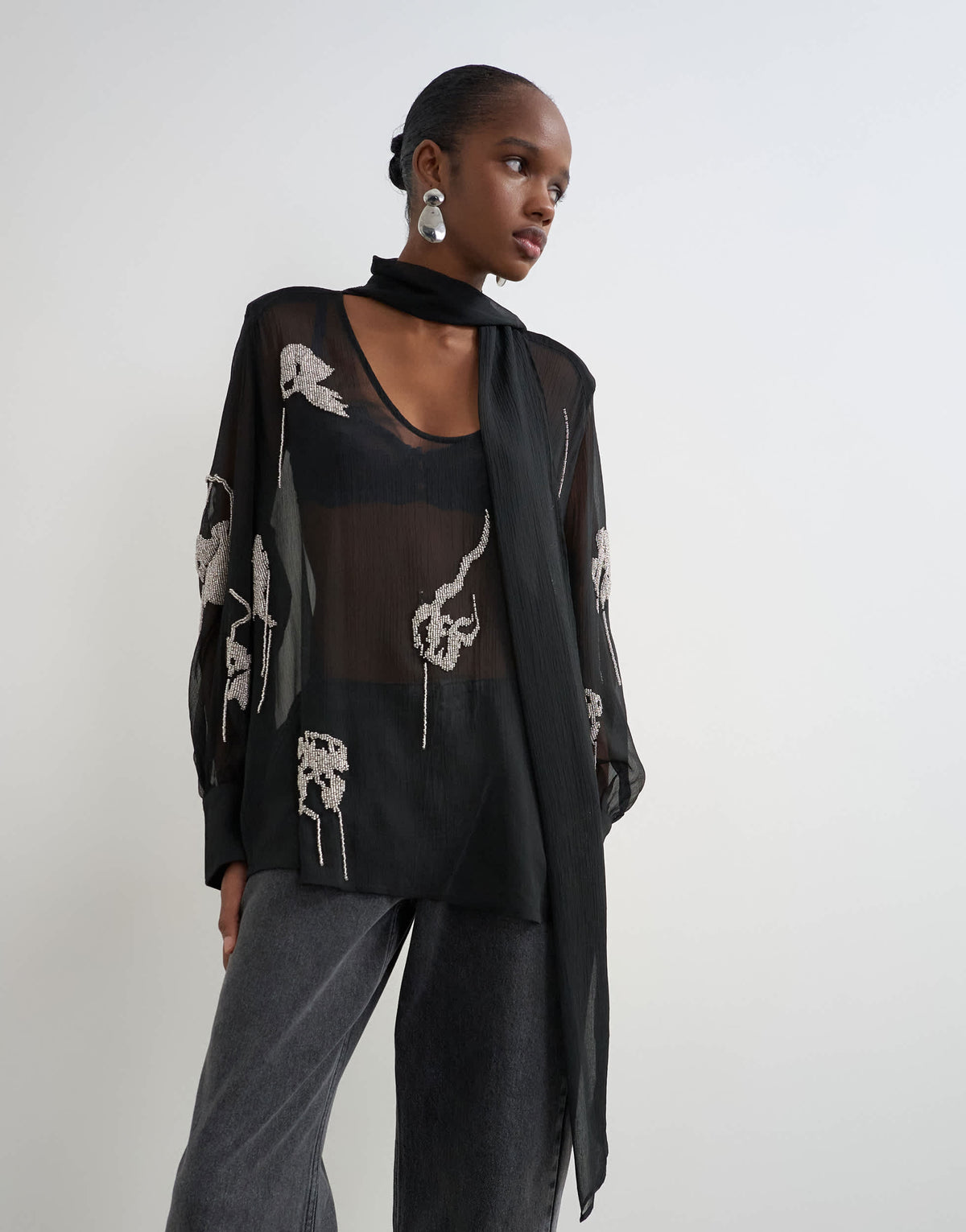 Topshop premium embellished chiffon scarf detail top in black