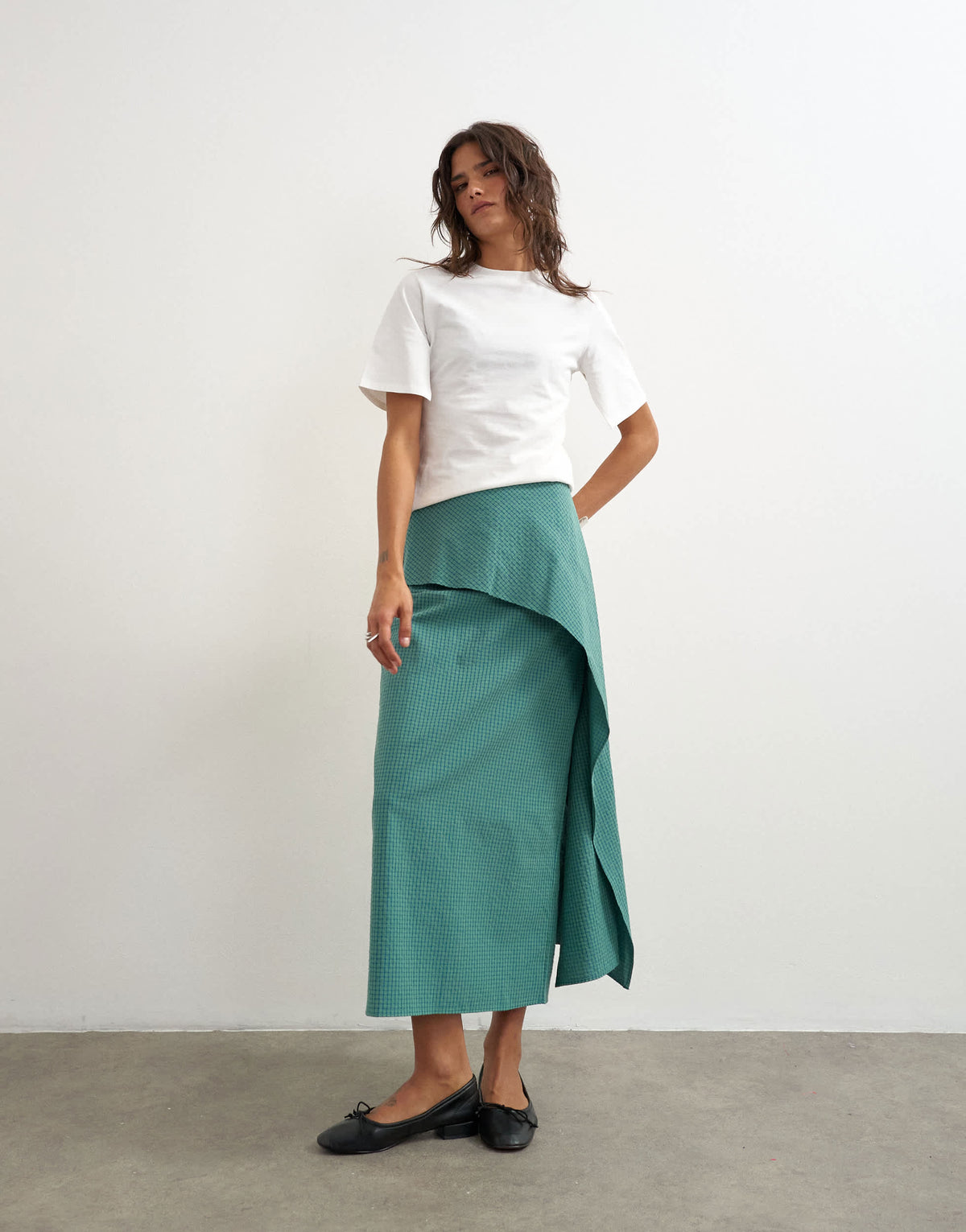 Topshop drape detail maxi skirt in green and blue check