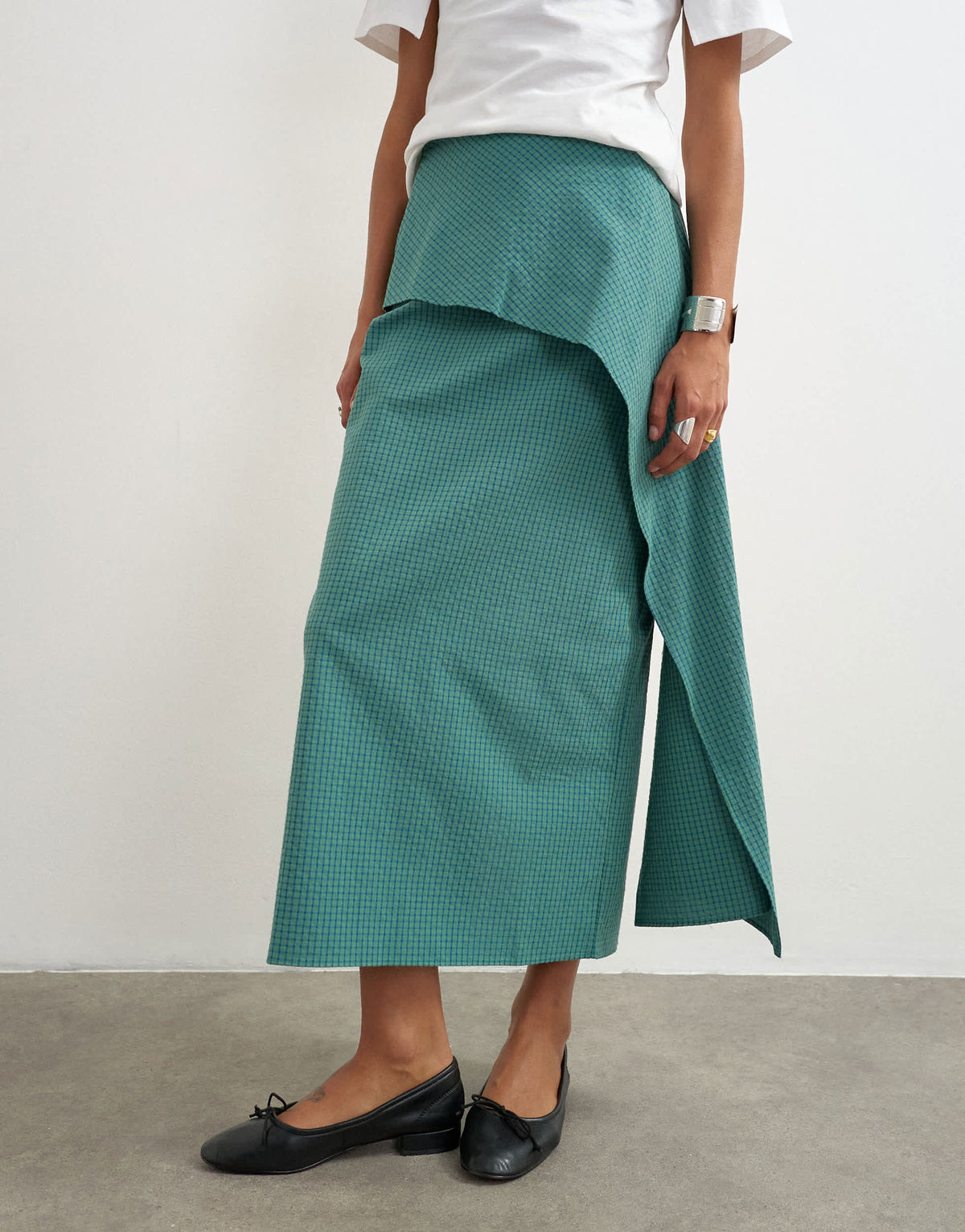 Topshop drape detail maxi skirt in green and blue check