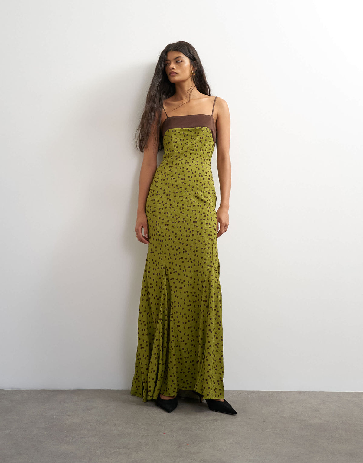 Topshop satin bandeau maxi dress with contrast olive and chocolate spot