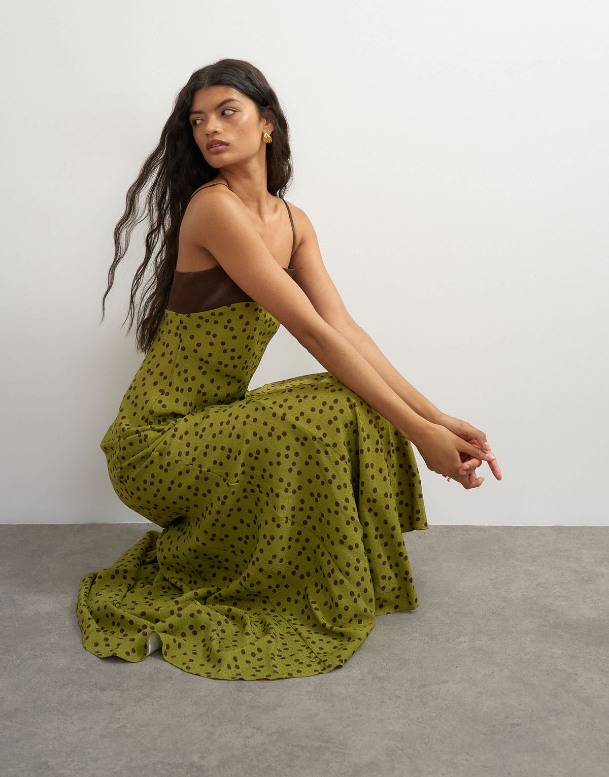 Topshop satin bandeau maxi dress with contrast olive and chocolate spot