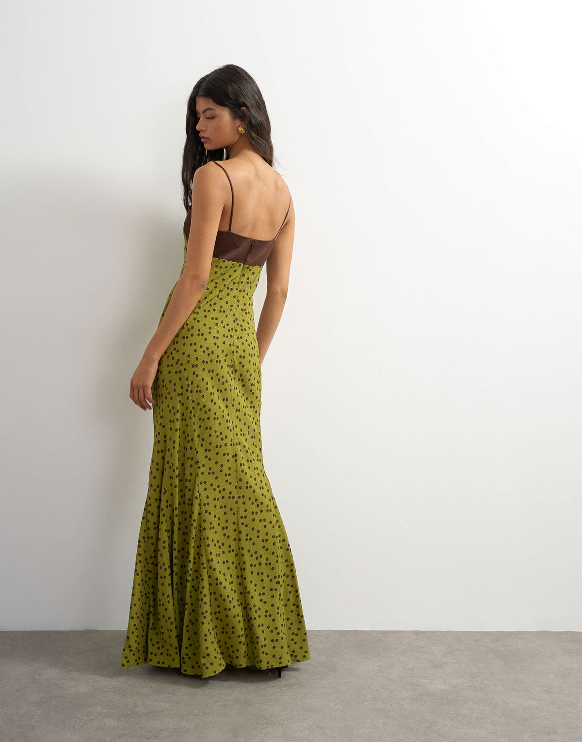 Topshop satin bandeau maxi dress with contrast olive and chocolate spot