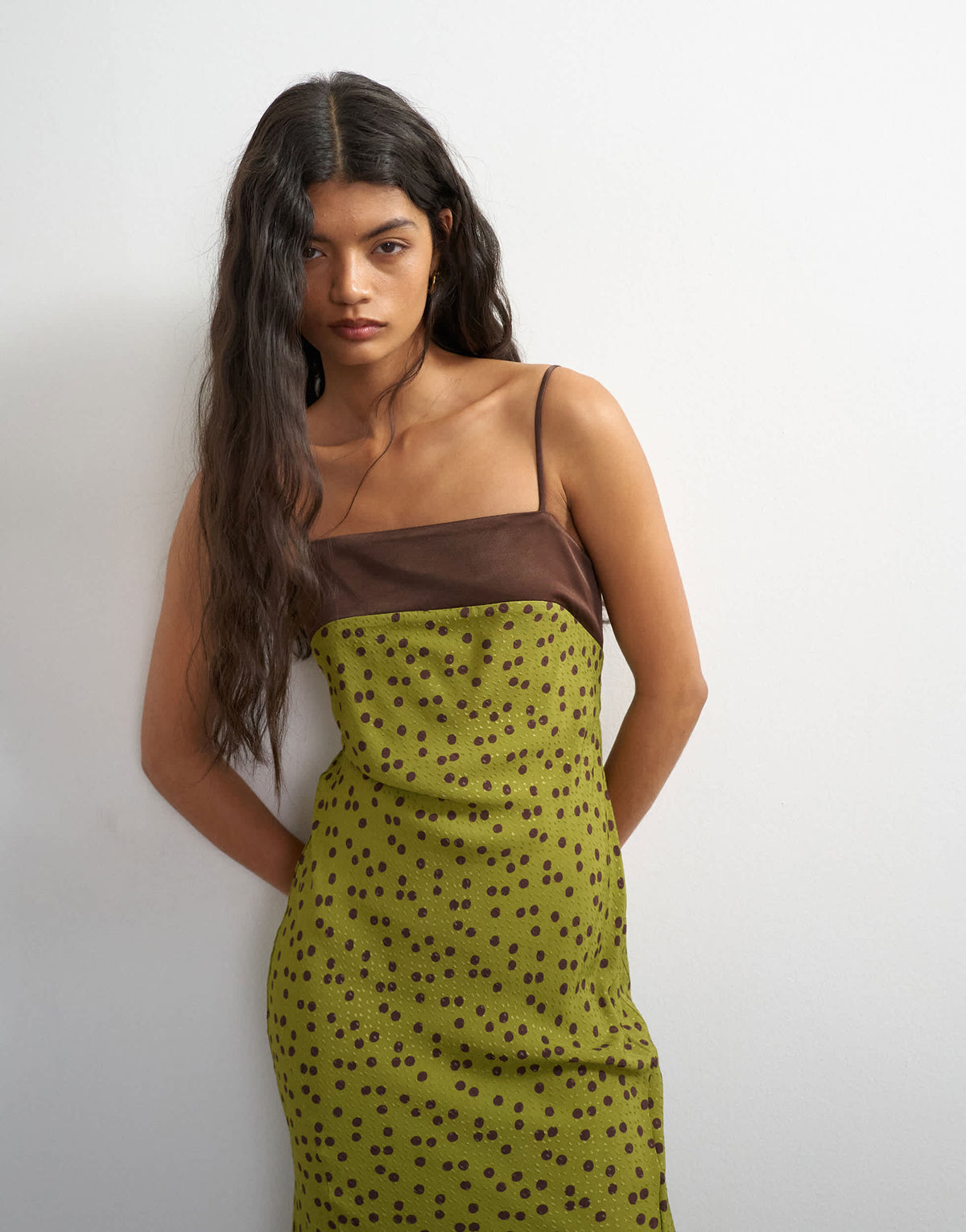 Topshop satin bandeau maxi dress with contrast olive and chocolate spot