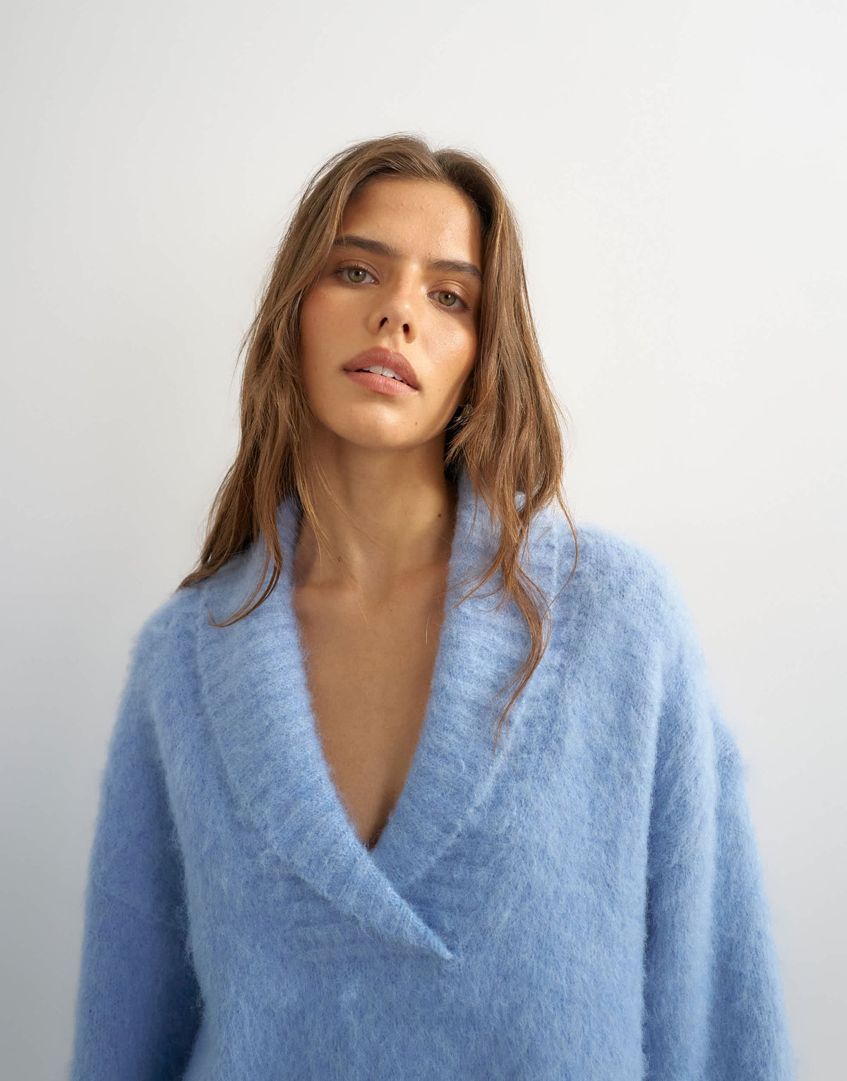 Topshop knitted shawl collar jumper with wool in blue