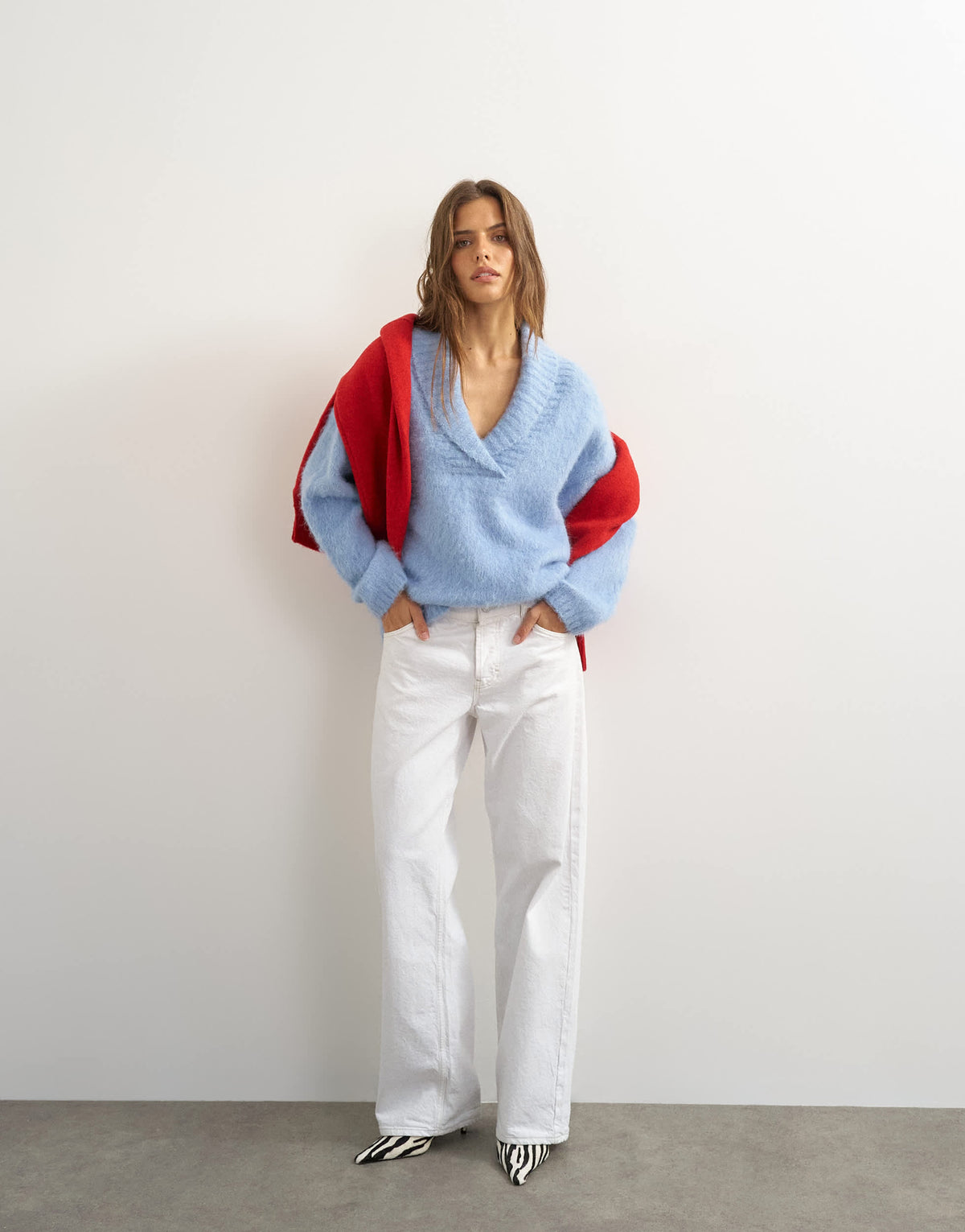 Topshop knitted shawl collar jumper with wool in blue