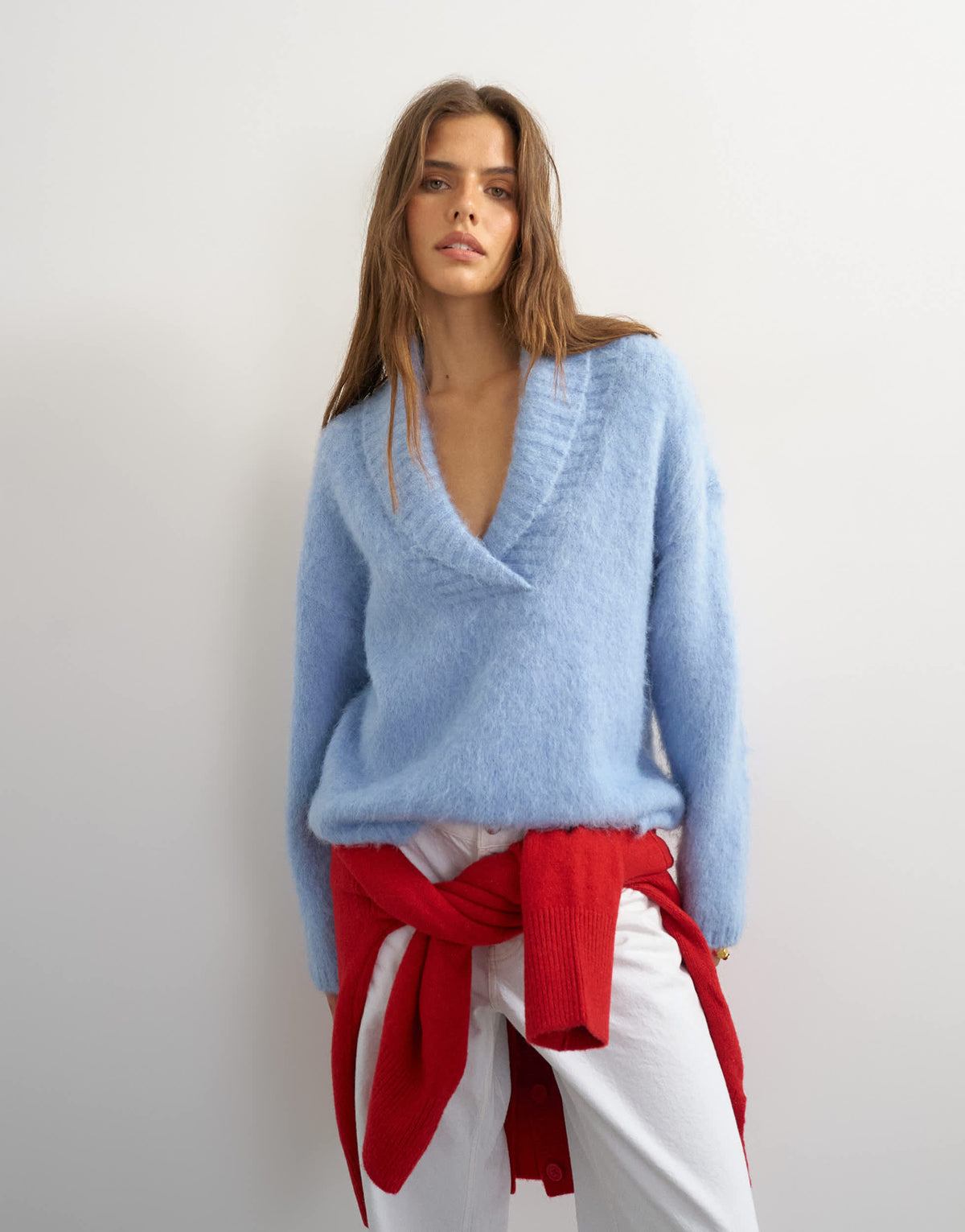 Topshop knitted shawl collar jumper with wool in blue