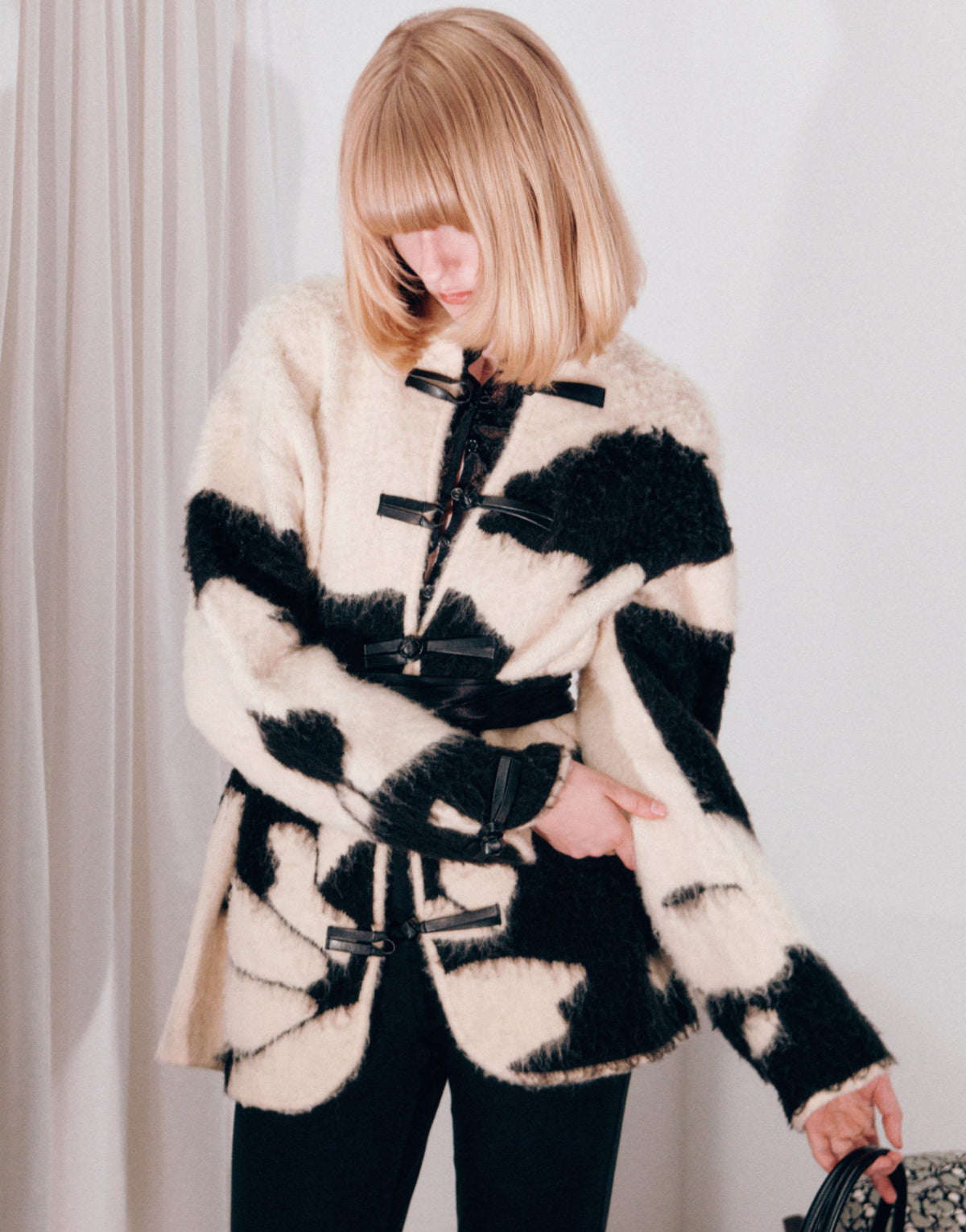 Topshop knitted patterned frogging detail jacket in black and cream