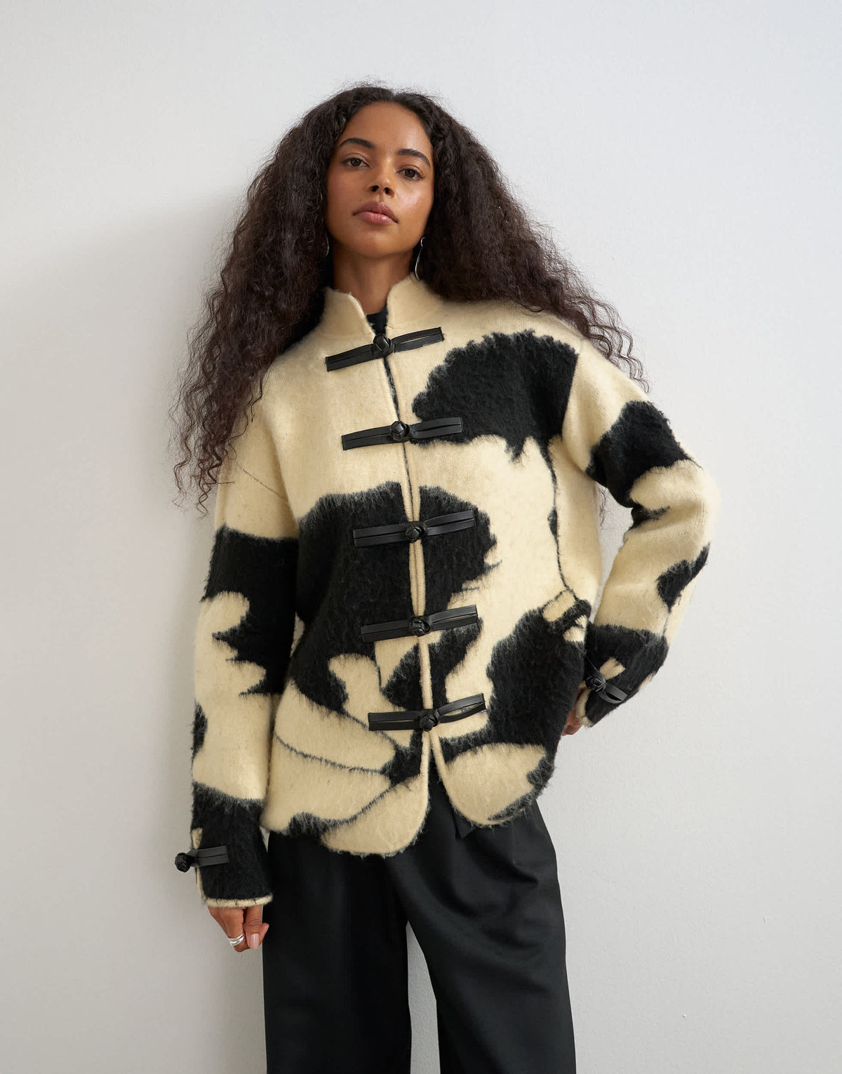Topshop knitted patterned frogging detail jacket in black and white