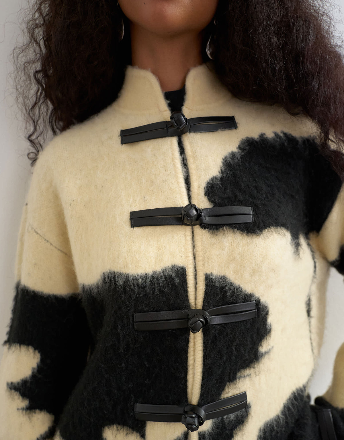 Topshop knitted patterned frogging detail jacket in black and white